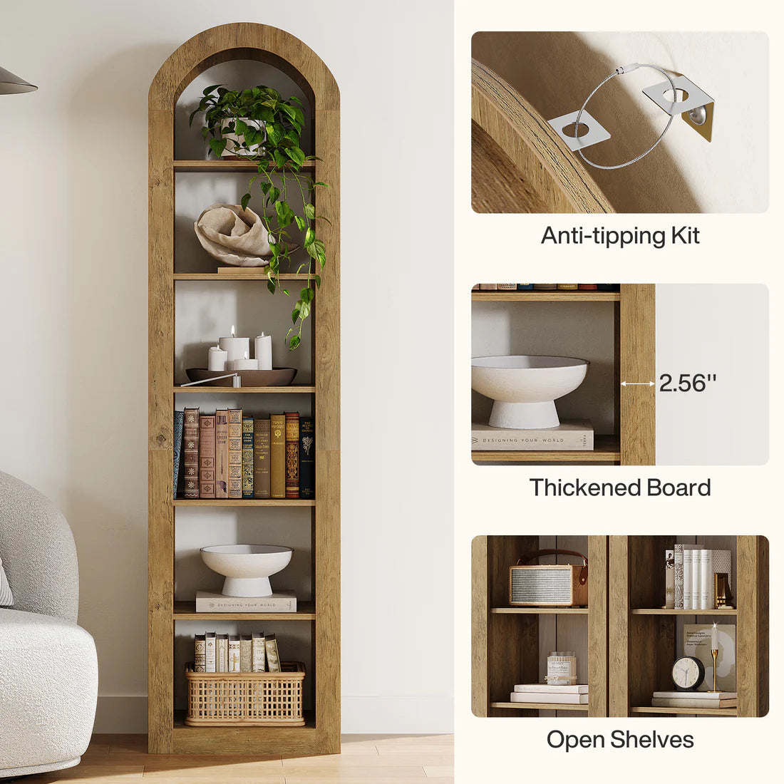 Open Bookcase,Arched Display Shelf