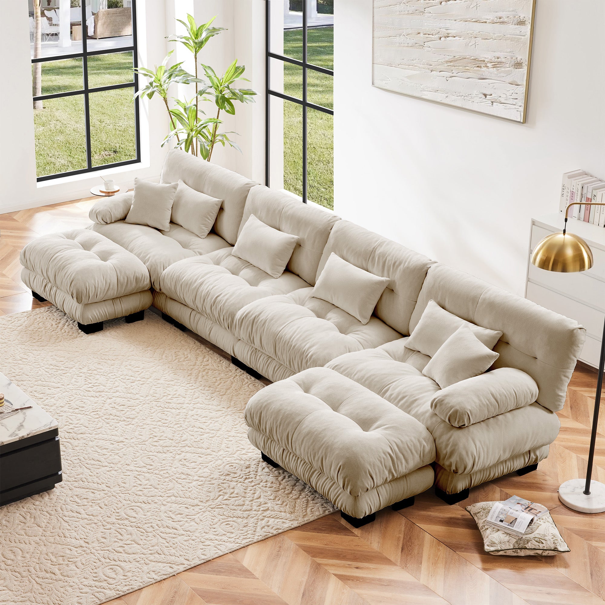 Free Combination Modular Sectional Sofa,U Shaped Couch For Living Room, 4-Seater Comfy Cloud Couch With 2 Ottomans, Chenille Light Coffee