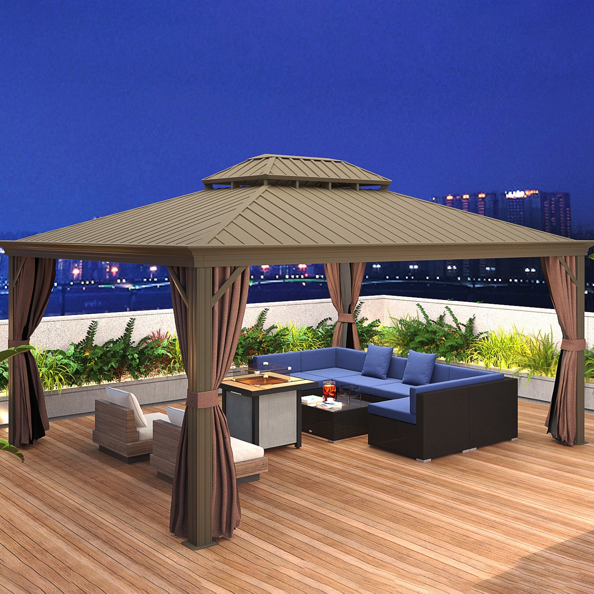 7-Piece Outdoor Wicker Patio Set, Tempered Glass Coffee Table, Cushions, for Family Backyard, Dark Blue