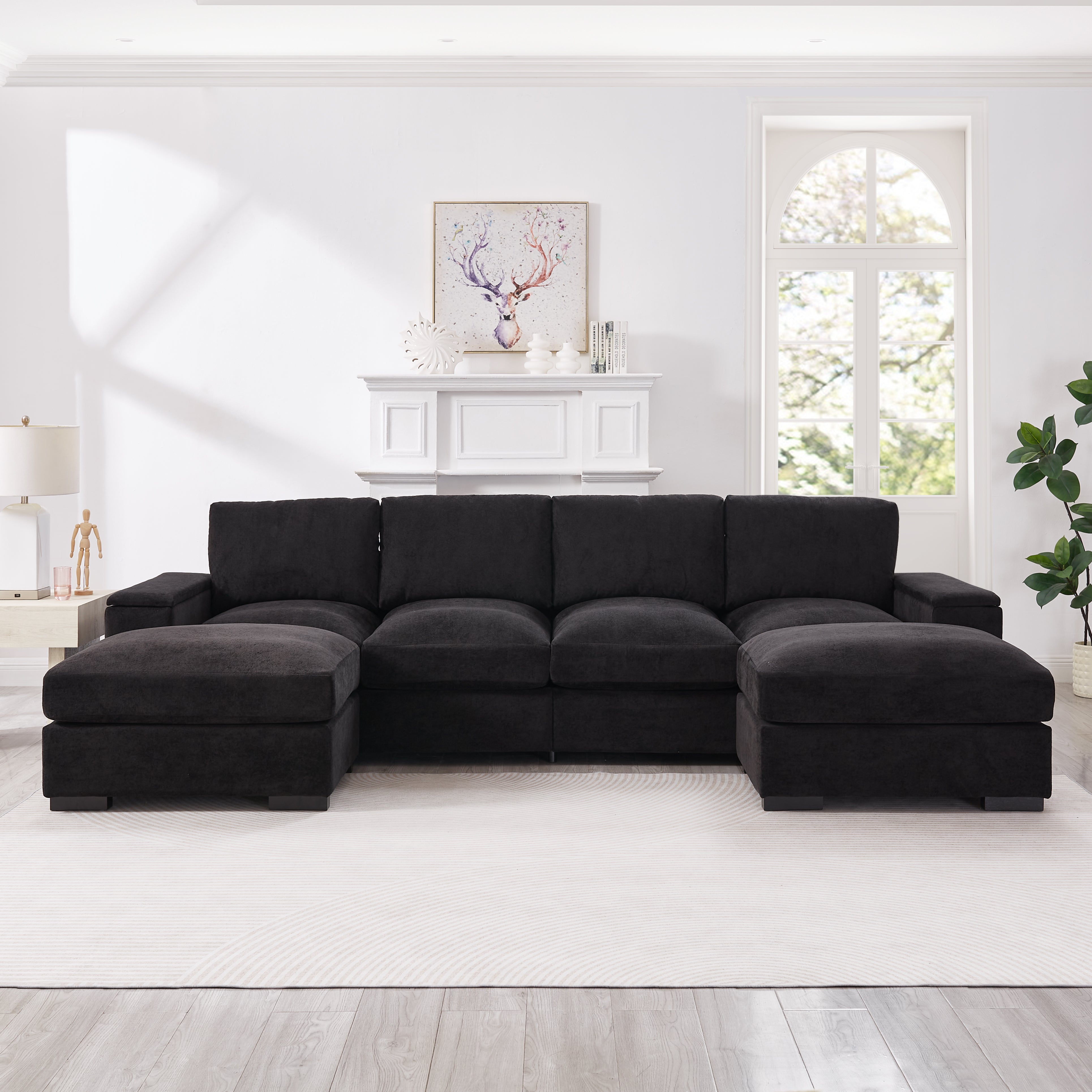 Sectional Sofa Deep Seat Sofa Couch With Ottomans, Corduroy Sofa Sleeper Comfy Upholstered Furniture For Living Room, Apartment, Office, 4-Seat & 2-Ottoman, Black