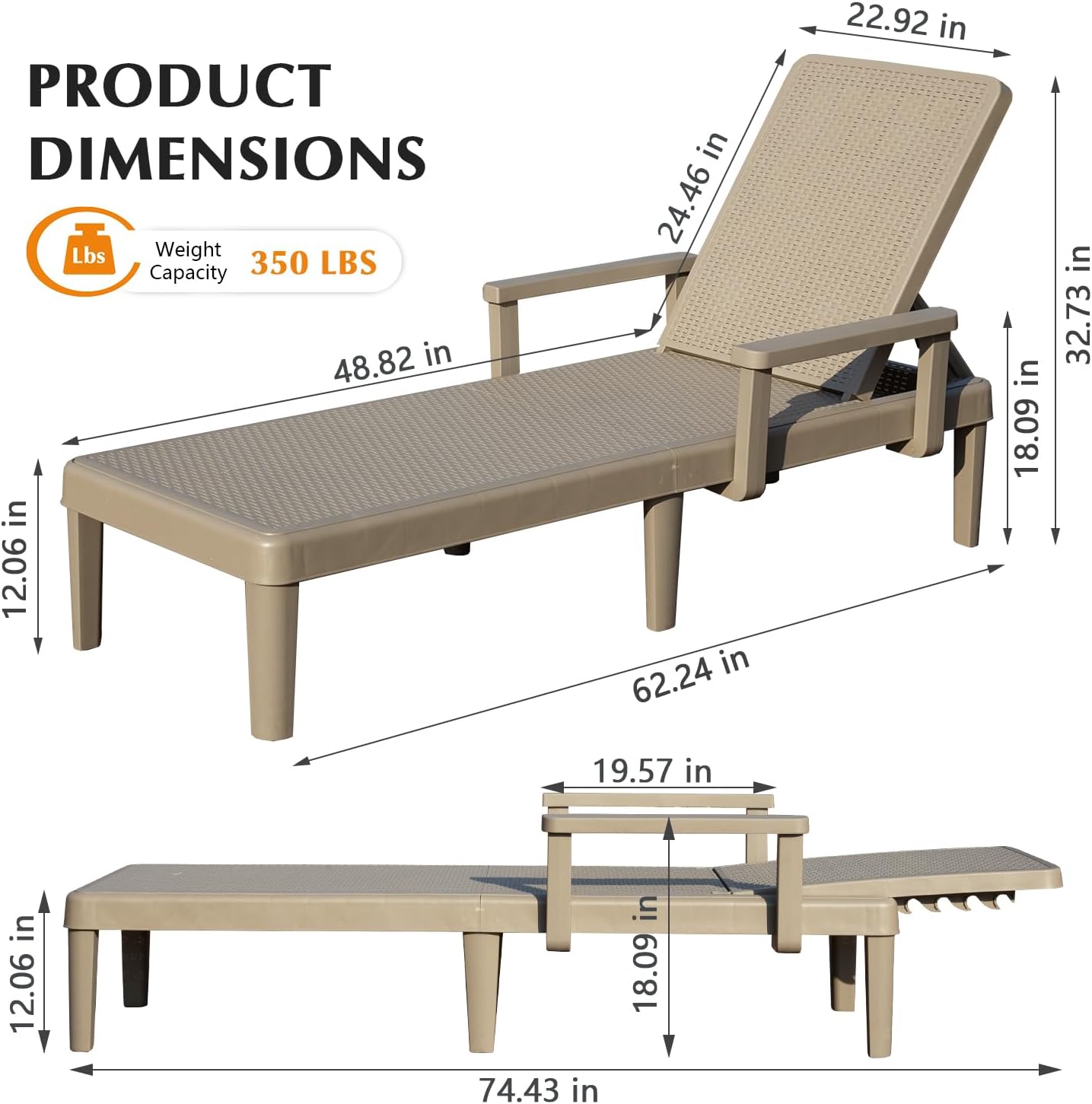 Pool Lounge Chairs Set Of 2, Outdoor Lounge Chairs With 6 Positions Backrest Adjustable Armrest, Resin Waterproof Chaise Lounge Outdoor For Poolside Patio