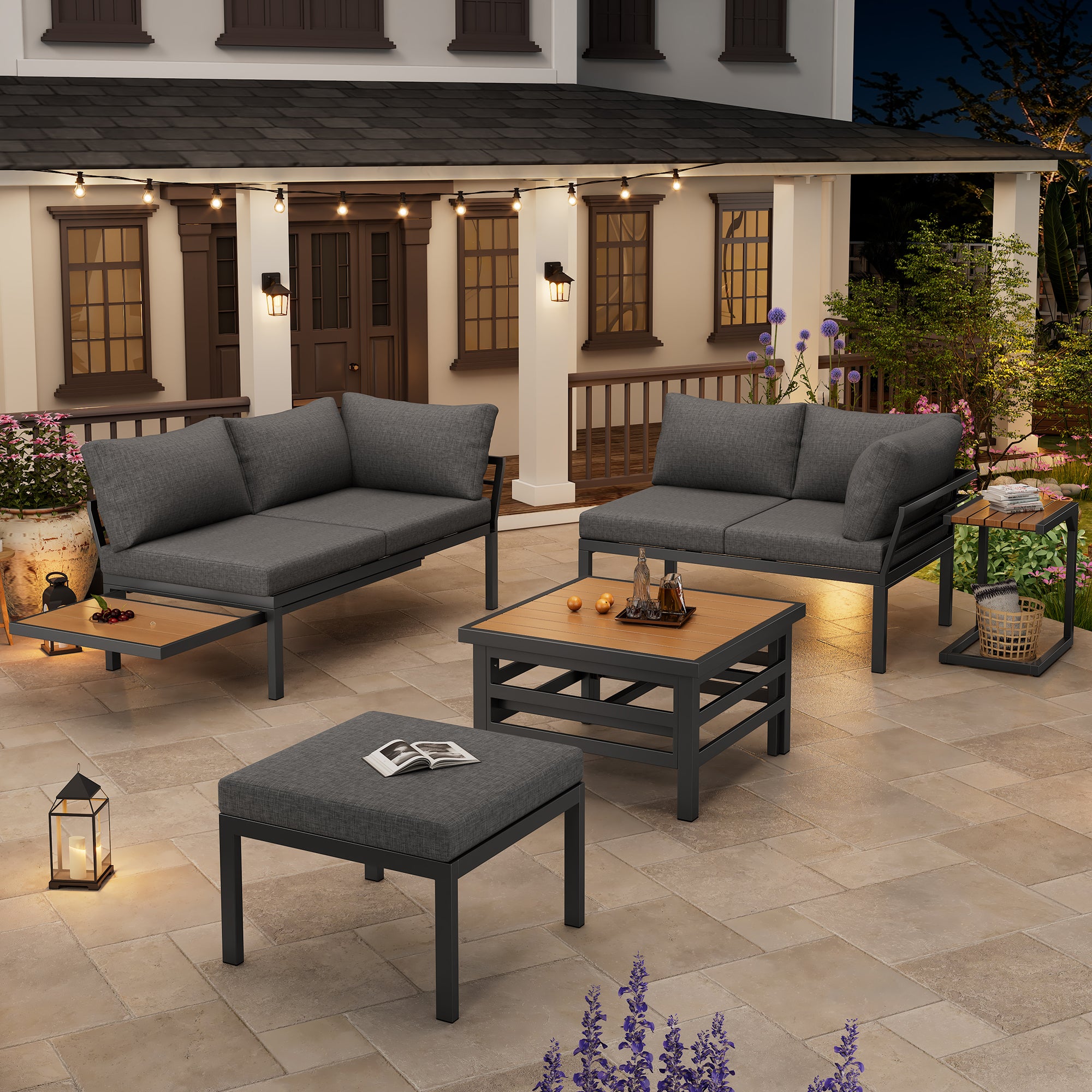 Outdoor Patio Furniture Set  2 Double Sofas  1 Ottoman , 1 Plastic Lift-Top Coffee Table, Galvanized Iron Frame, With Seat Cushions & Pillows, Includes Small Side Table With Extendable Tabletop