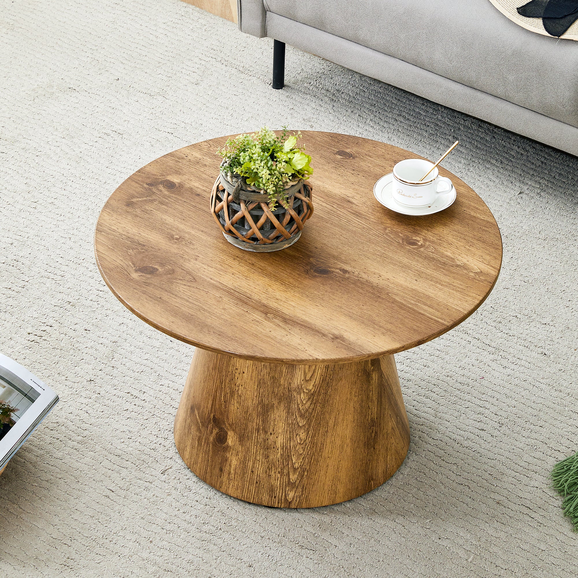 Natural Wood Grain MDF Round Coffee Table - 23.6in Diameter, 13.8in Height.Natural Wood Grain Texture Sticker,Exquisite Wood Grain Surface,Flexible MatchingMRound Tabletop Design.