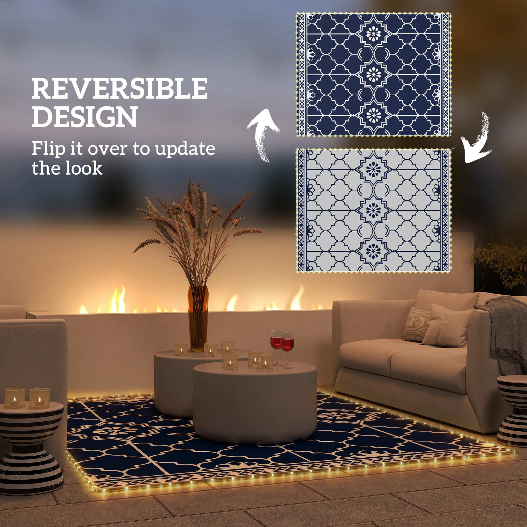 Reversible Outdoor Rug Carpet with LED Lights, 10' x 8' PP Straw Rug with Carry Bag and Ground Stakes