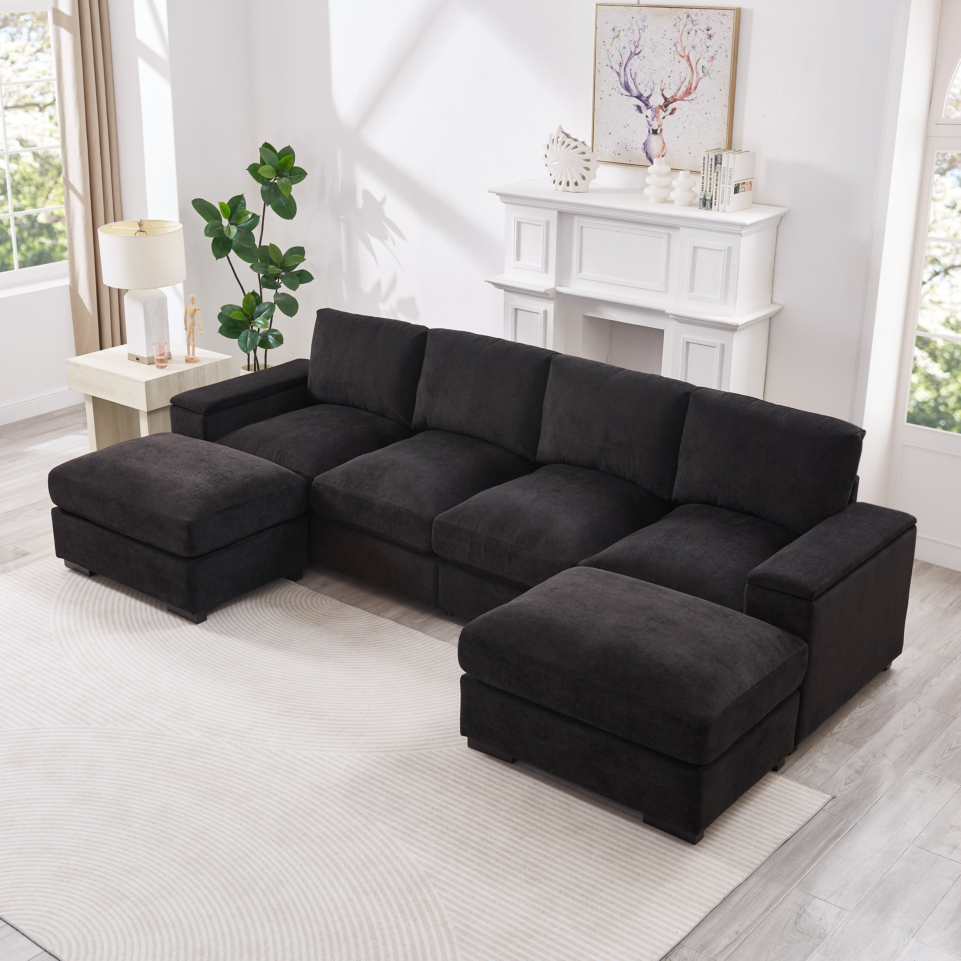 Sectional Sofa Deep Seat Sofa Couch With Ottomans, Corduroy Sofa Sleeper Comfy Upholstered Furniture For Living Room, Apartment, Office, 4-Seat & 2-Ottoman, Black