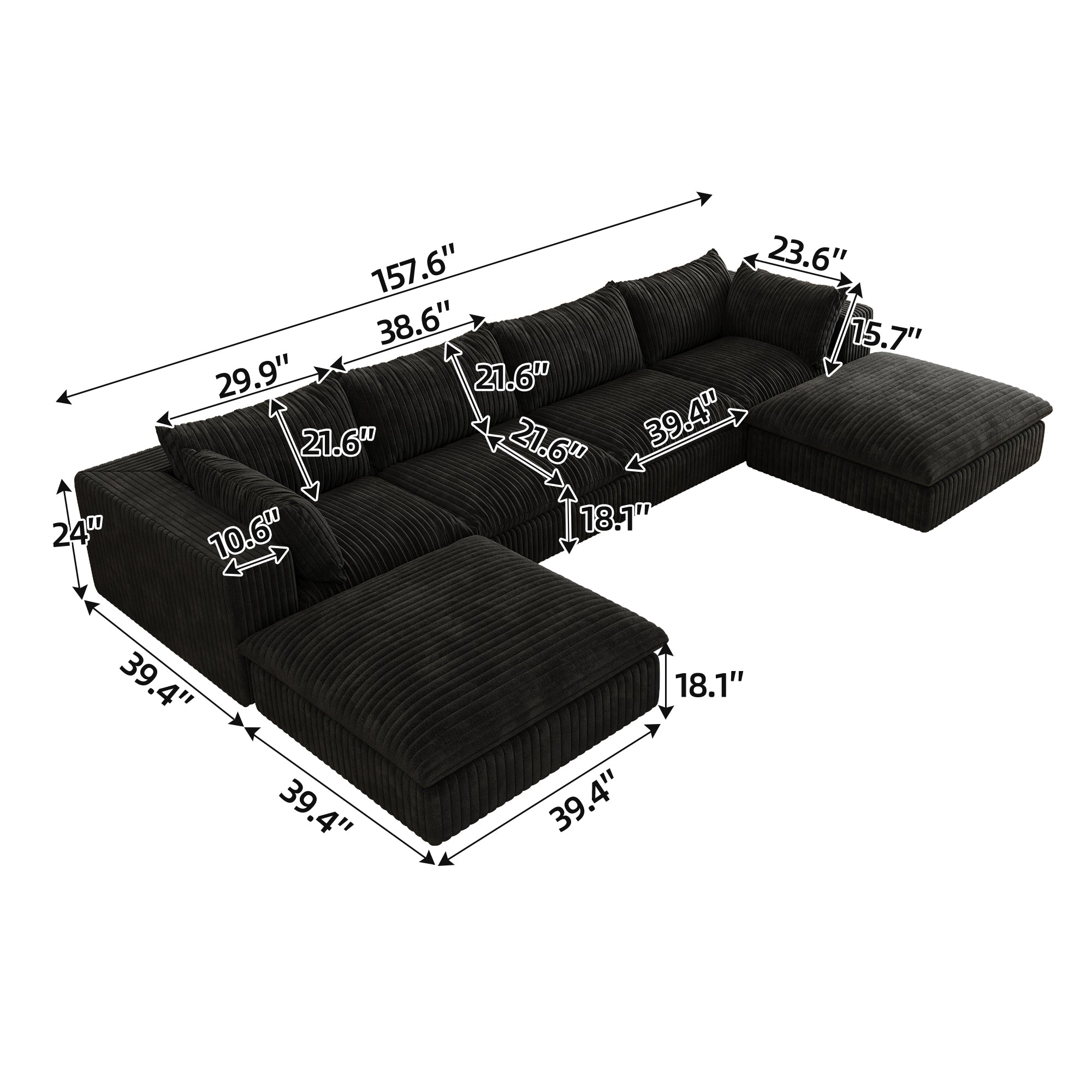 157.6Cloud Sofa,Corduroy Fabric,Deep Seat Couches,Double-layer Design,Removable  Cushion,No Assembly,DIY Combination For Living Room, Bedroom,Conference Room ,Apartment,Black