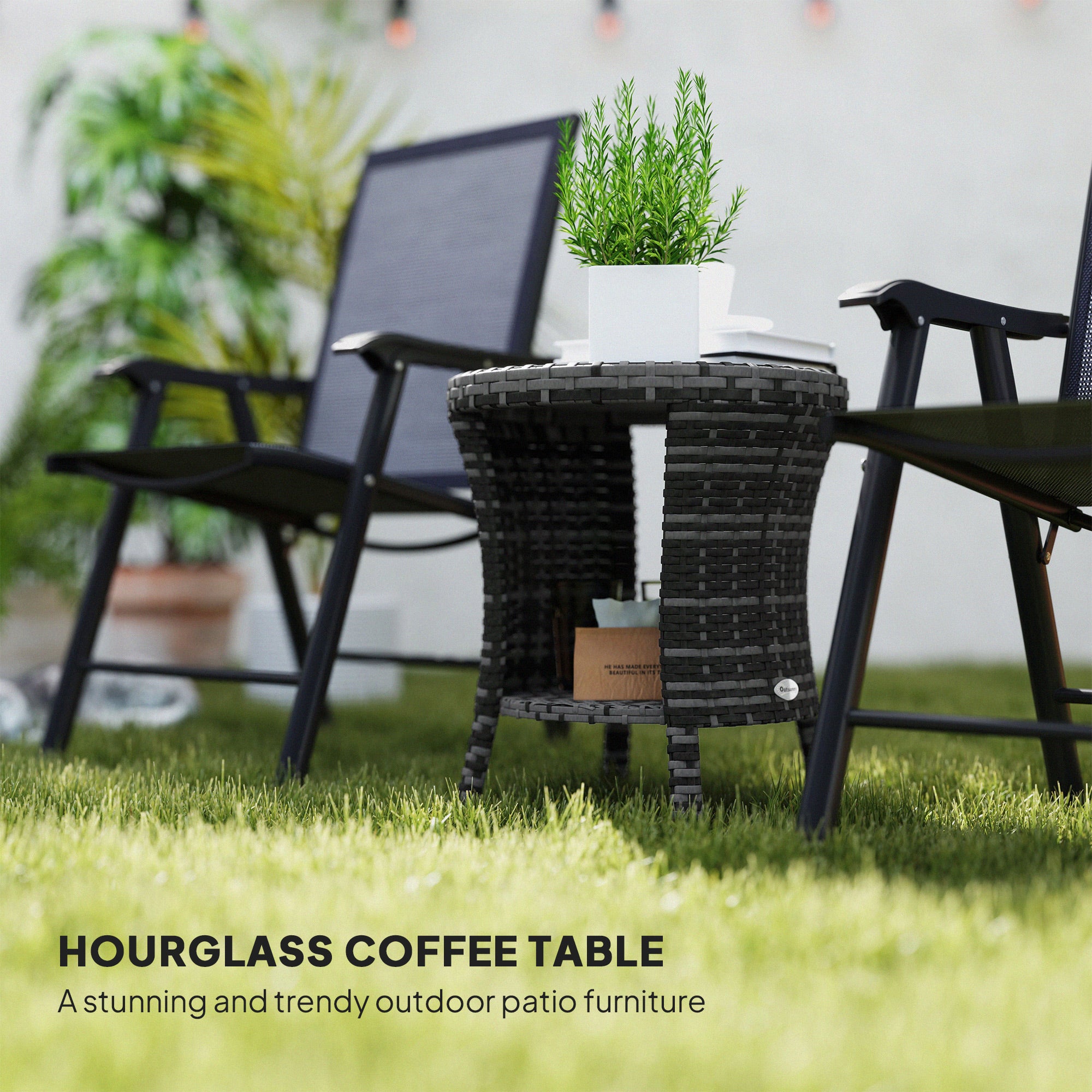 18" Wicker Outdoor Coffee Table, PE Rattan Patio Side Table with 2-Tier Storage, Composite Wood Top, Gray