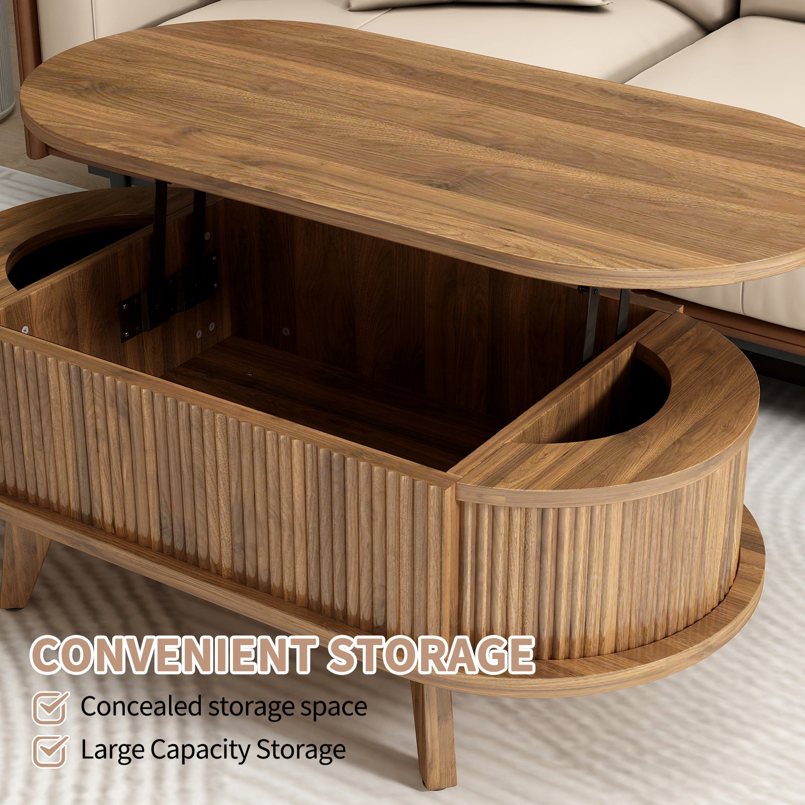 Fluted Lift Top Coffee Table With Hidden Compartment, Wooden Center Table, Modern Oval Lift Tabletop For Home Living Room Office, Walnut Brown Color
