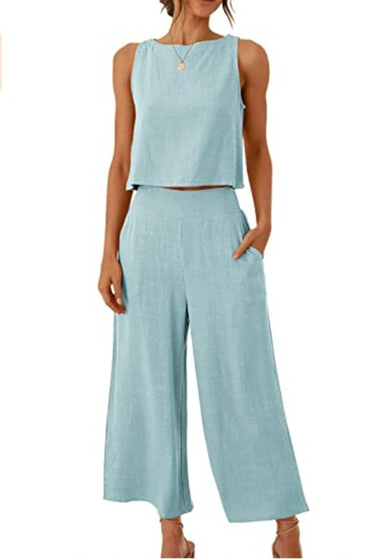 Sleeveless Vest Cropped Wide-leg Pants Suit