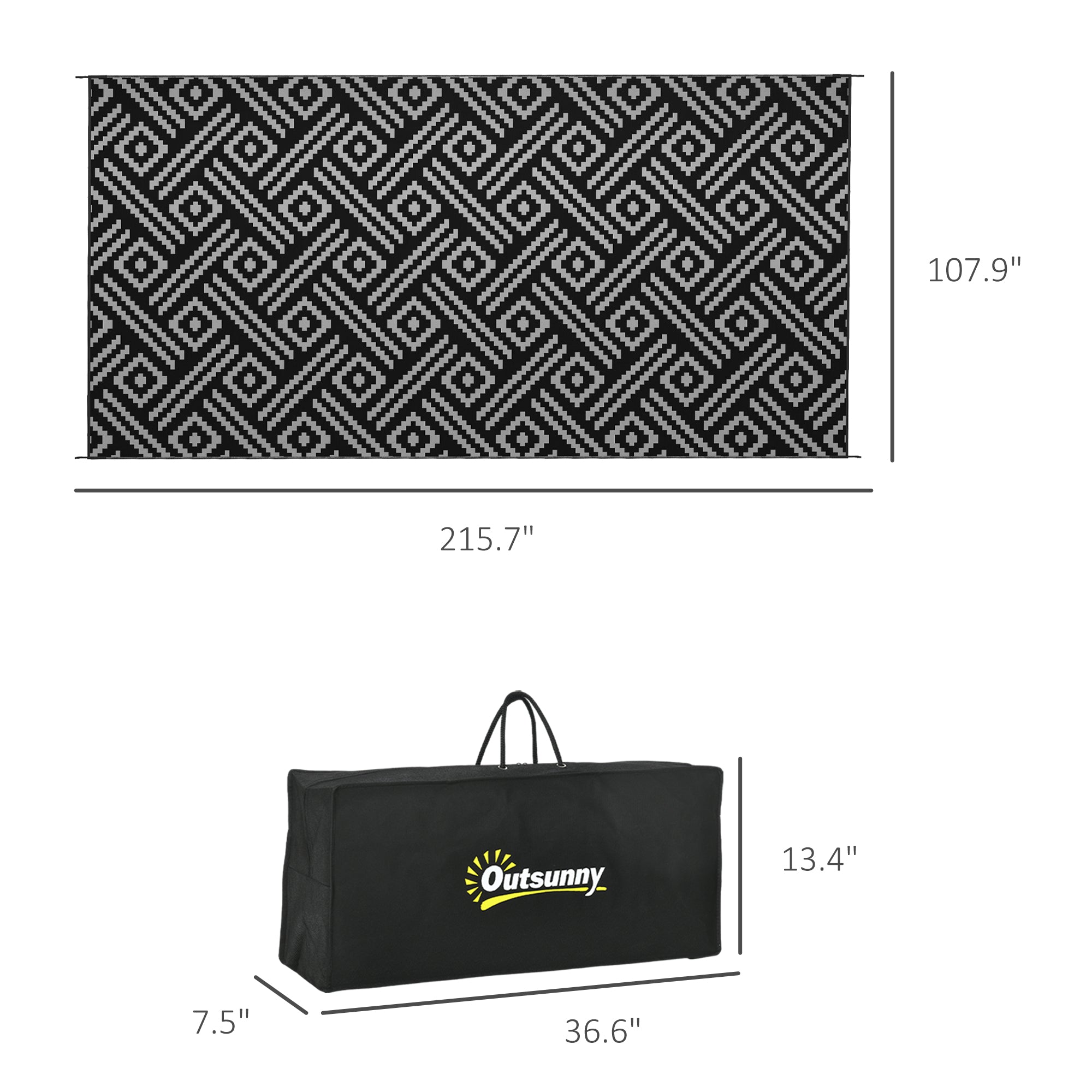 Reversible Outdoor Rug Carpet RV Camping Rugs with Carry Bag, 9' x 18', Black & Gray Geometric