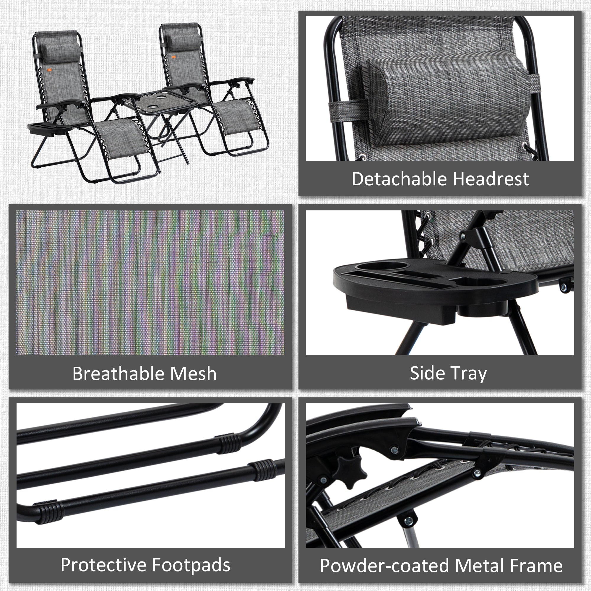 Zero Gravity Chair Set with Side Table, Folding Reclining Chair with Cupholders & Pillows, Adjustable Lounge Chairs for Pool, Backyard, Lawn, Beach, Gray
