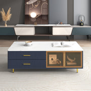 Modern Navy Blue Coffee Table With 2 Glass Door Storage, 4 Drawers, Gold Metal Legs, And Multi-Color Lighting In 47.2