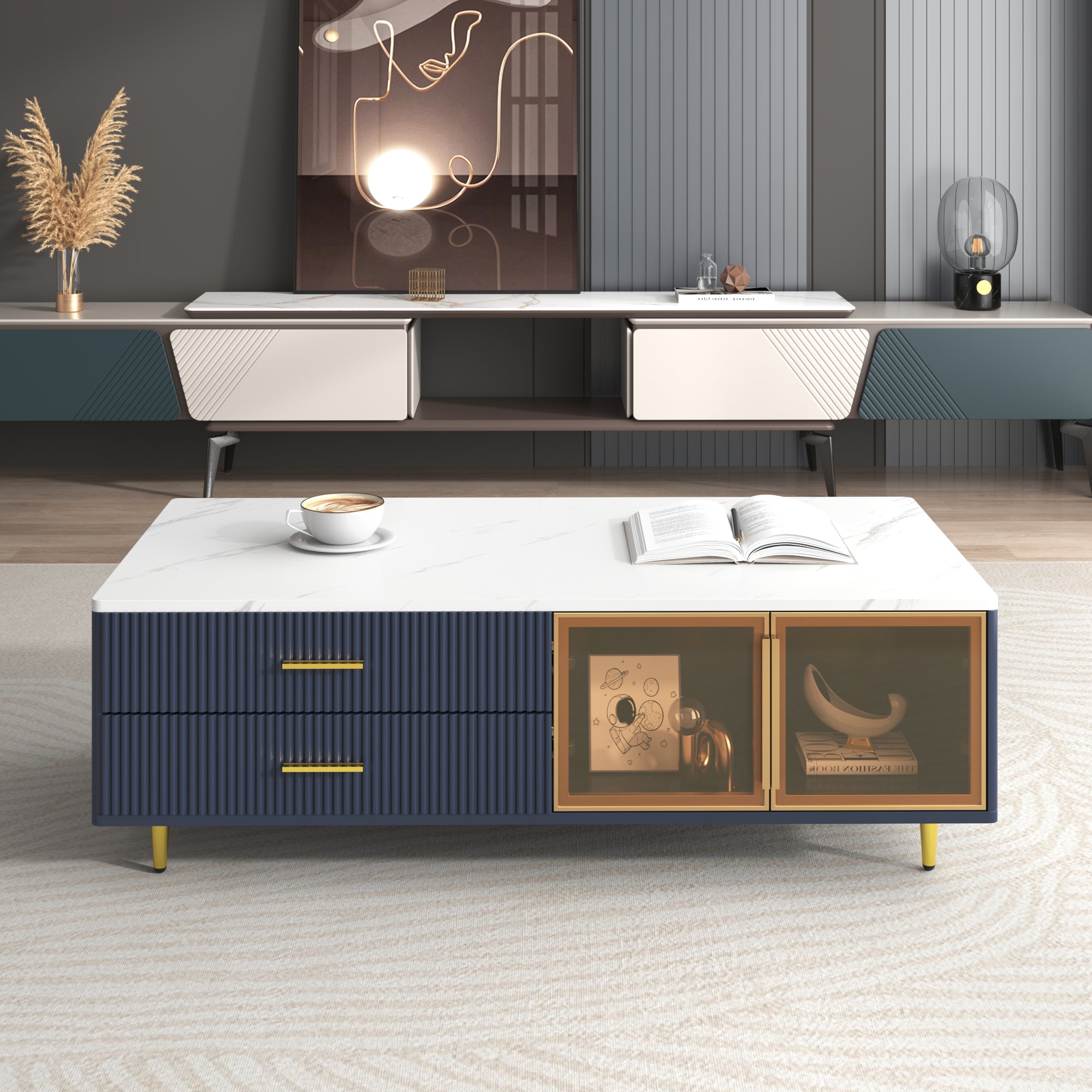 Modern Navy Blue Coffee Table With 2 Glass Door Storage, 4 Drawers, Gold Metal Legs, And Multi-Color Lighting In 47.2