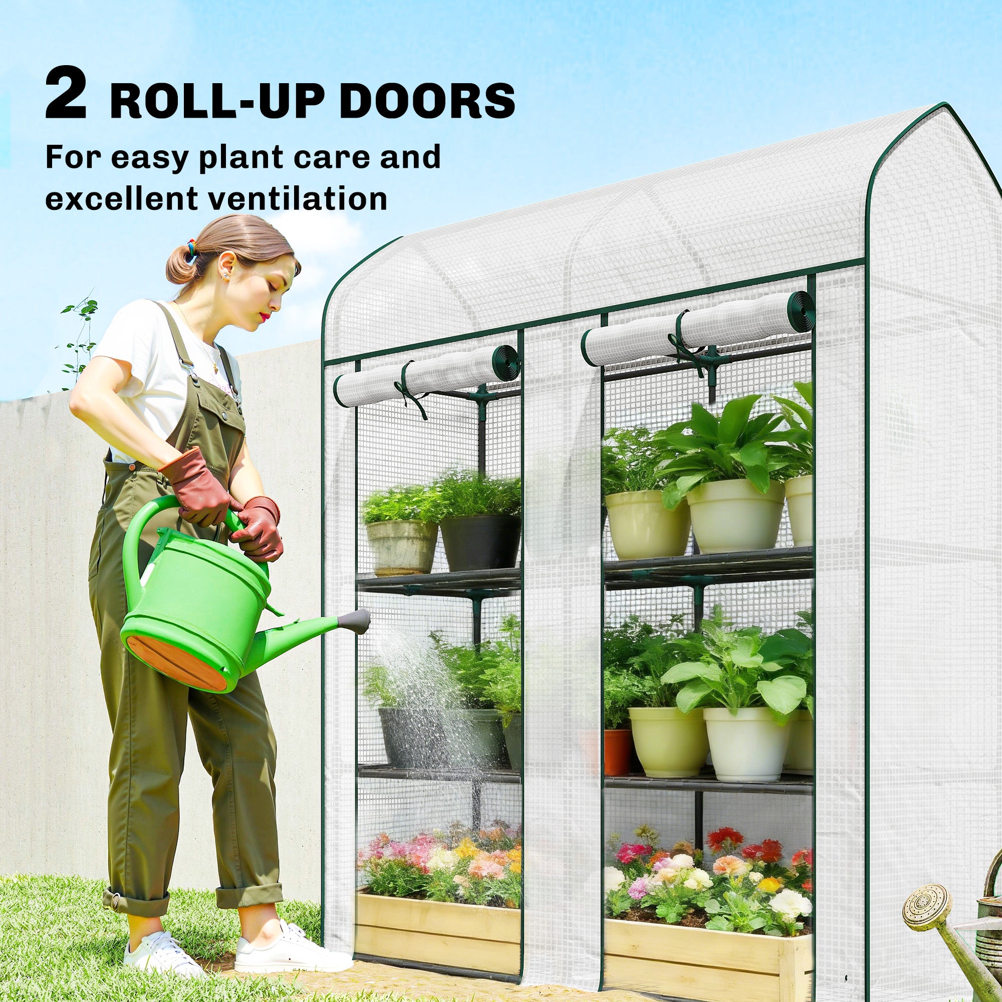 3 Tier Mini Greenhouse, Small Portable Greenhouse with 2 Roll-up Doors, 56.3" x 18.1" x 65", White