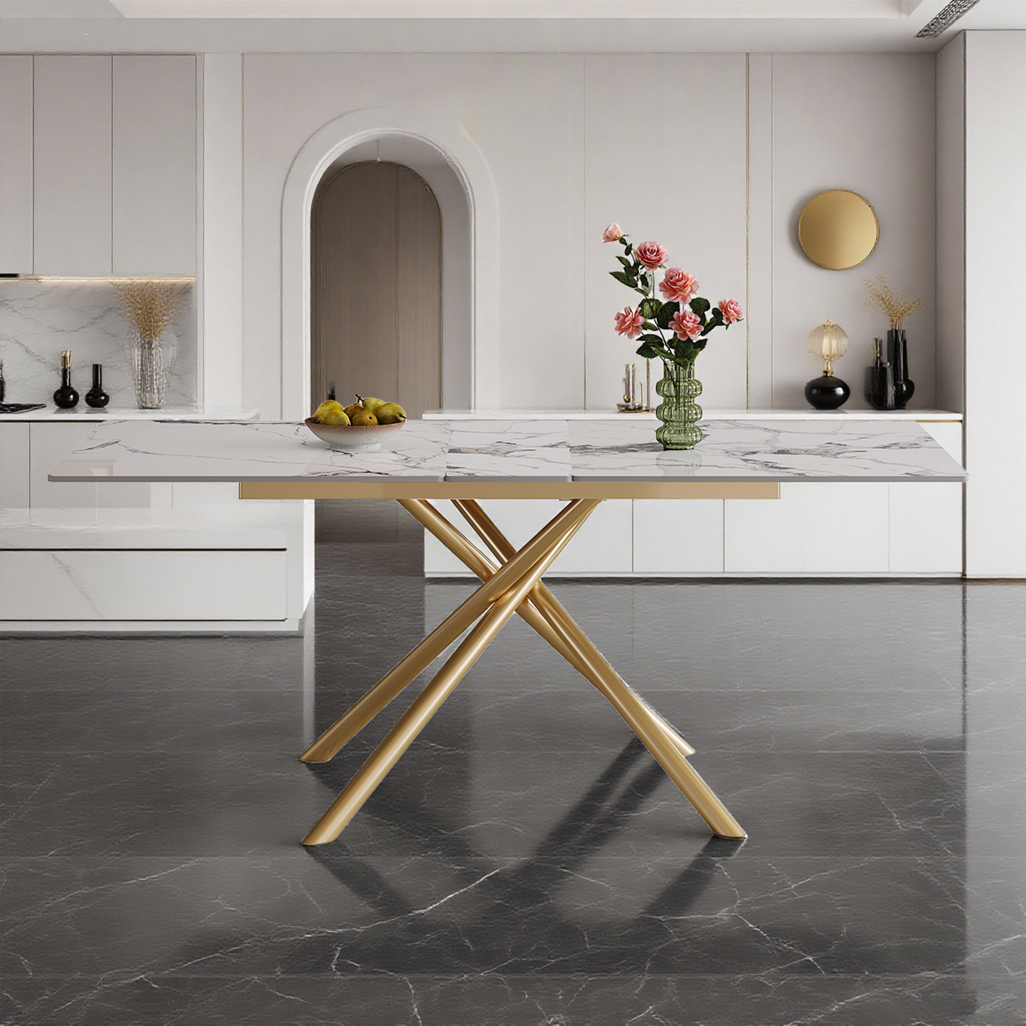 59-inch Modern Rectangle Expandable Dining Table With Retractable Leaf  Sintered Stone Top & Golden Carbon Steel X-Base  Sturdy 4-6 Person Table For Small Apartments  Kitchen  Dining Room