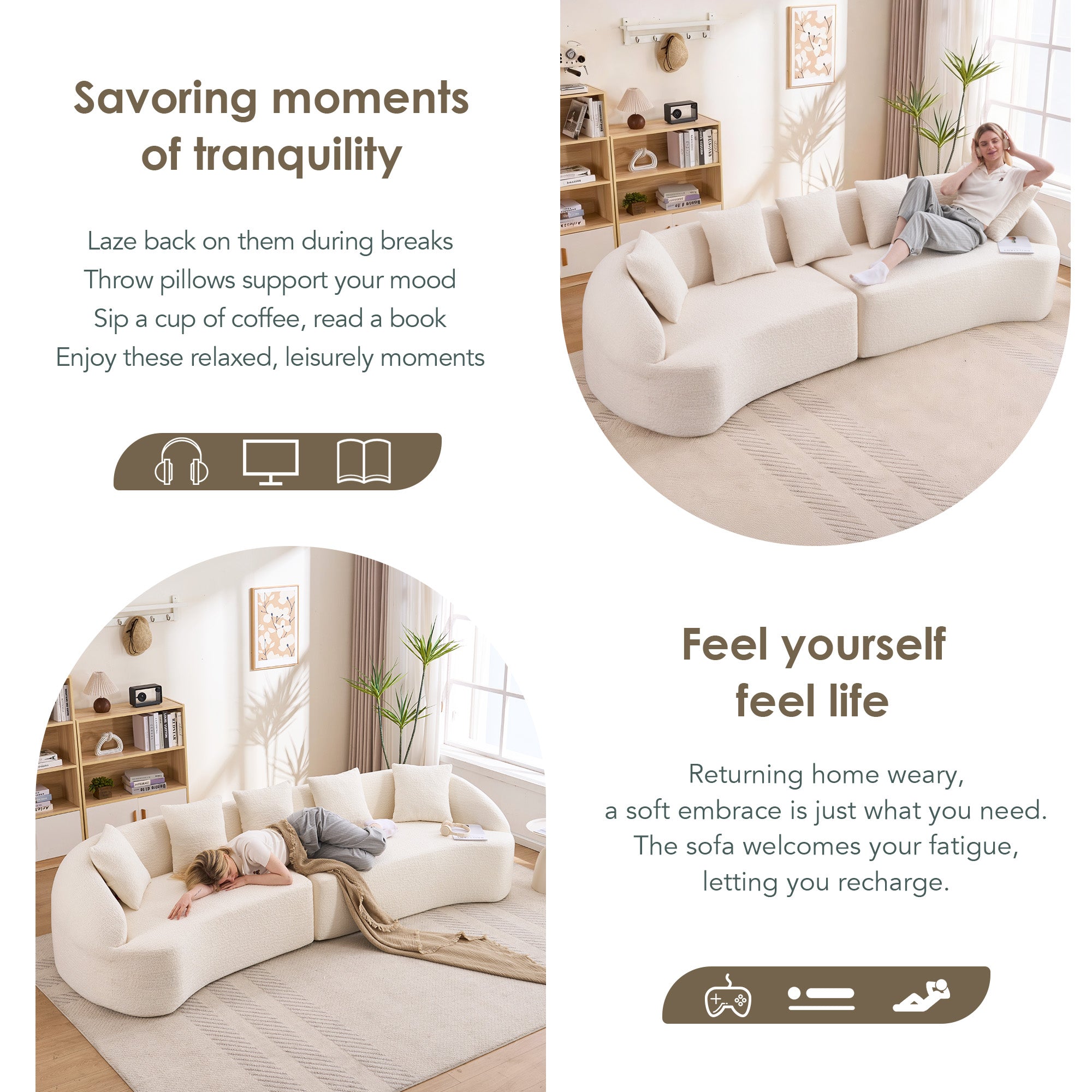 Curved Boneless Sofa Compression Modular 110'' Sectional White High-Density Couches Sleeper For Living Room Bedroom Apartment Lounge Chenille