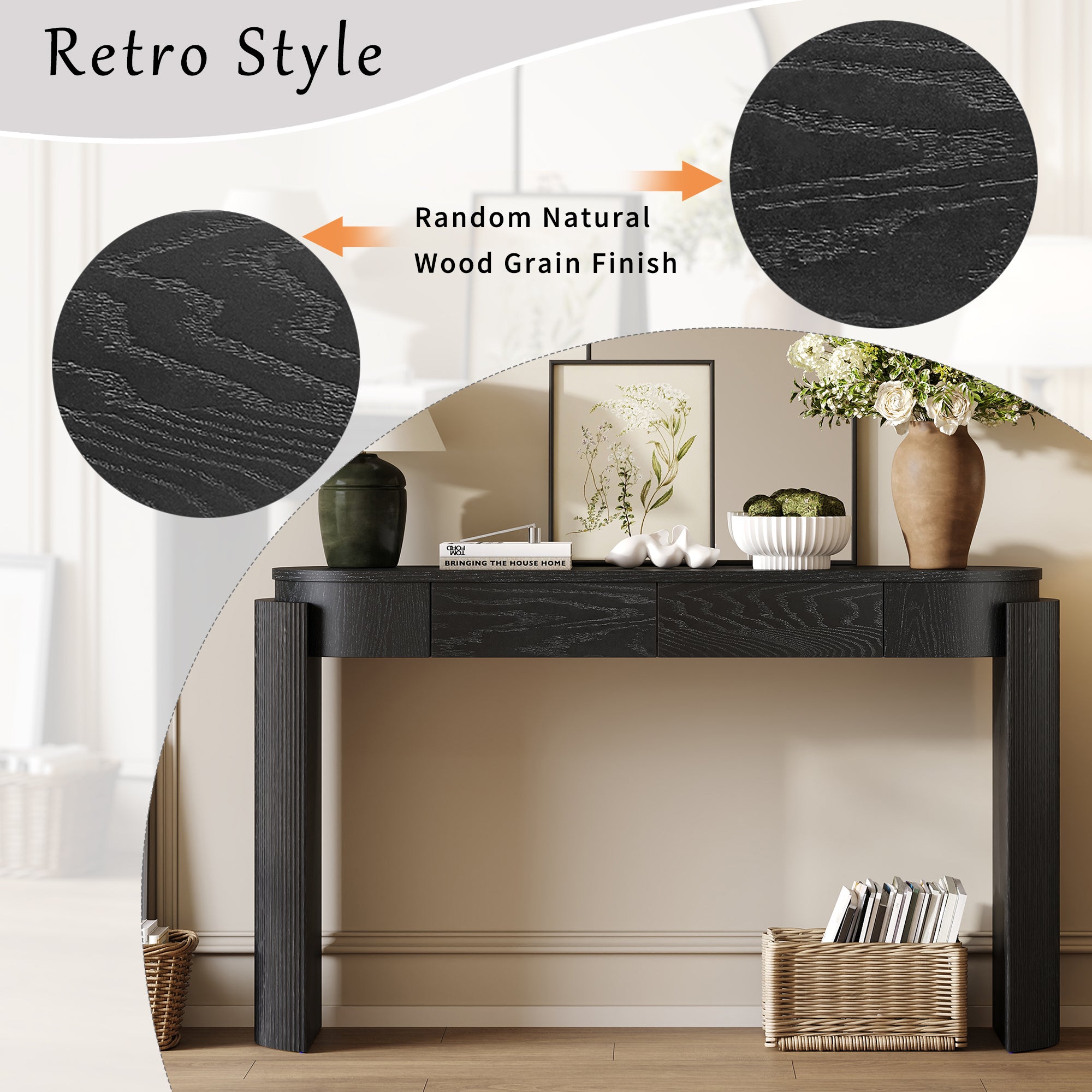 TREXM Entryway Table With Natural Wood Grain Finish  Console Table With Fluted Design  Oval Top And 2 Drawers For Entryway And Living Room  Black