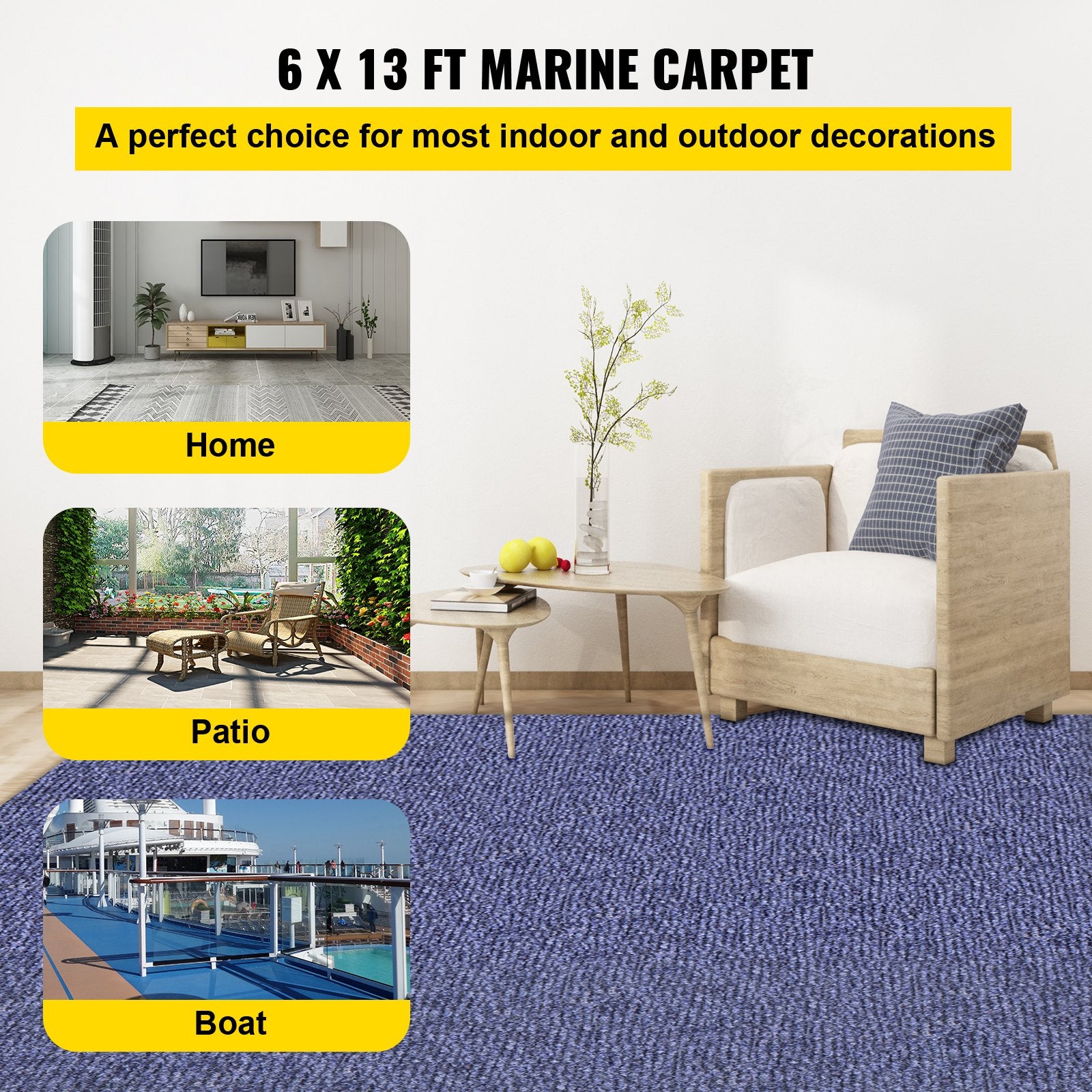 Deep Blue Marine Carpet 6 Ft X 13.1 Ft Marine Carpeting Marine Grade Carpet For Boats With Waterproof Back Outdoor Rug For Patio Porch Deck Garage Outdoor Area Rug Runner Non-Slide Porch Rug
