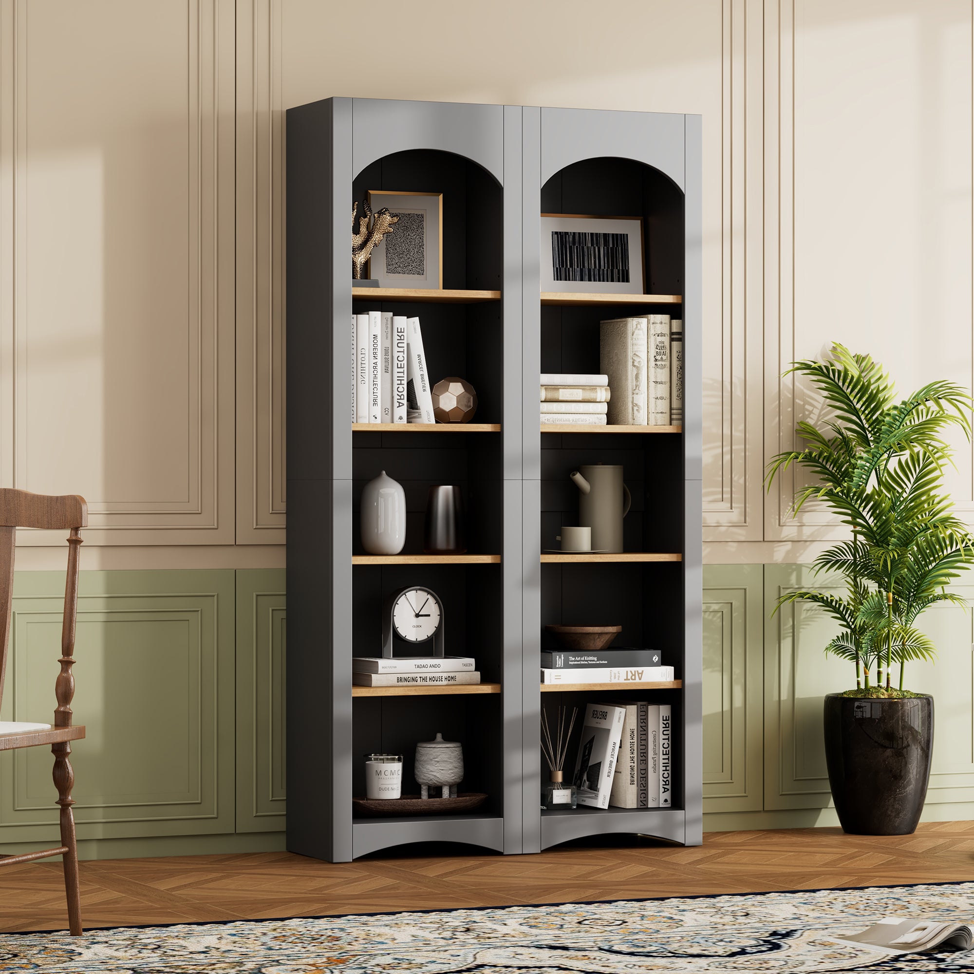 ON-TREND Free Standing 5 Tier Bookshelves, Bookcases Set Of 2, Farmhouse Two-Tone Storage Cabinet With Adjustable Shelves, Modern 72H Kitchen Pantry Cabinet For Living Room, Home Office, Grey