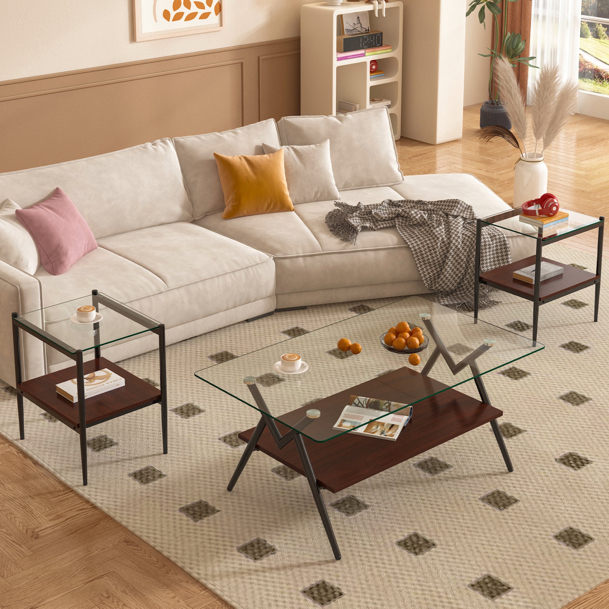 Coffee Table And End Tables Set Of 3, Tempered Glass Table With MDF Layer, Modern Tables For Living Room , Transparent Glass