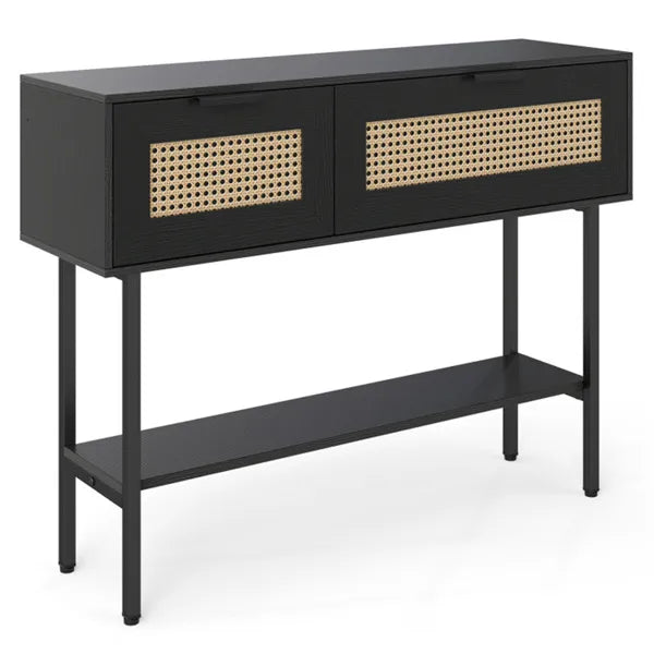 Black Rattan Console Table With Storage Cabinets & Open Shelf, 40 Inch Entryway Table With Sturdy Carbon Steel Frame For Living Room, Hallway, Sofa Table
