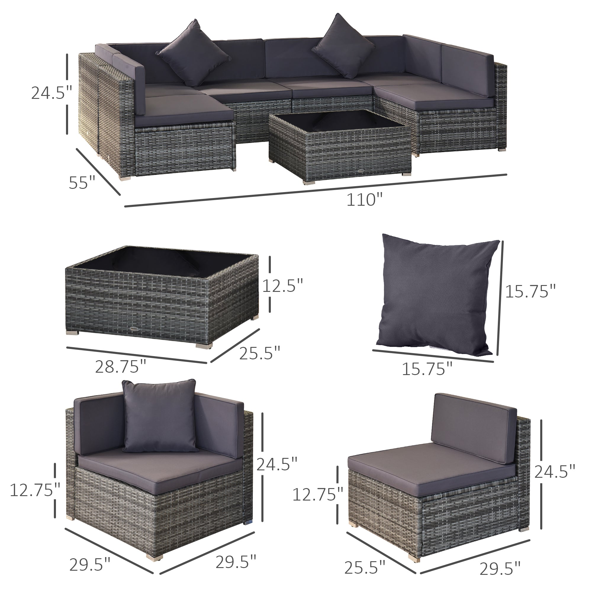 7-Piece Patio Furniture Set, Outdoor Wicker Conversation Set, All Weather PE Rattan Sectional Sofa Set with Cushions and Tempered Glass Top Coffee Table, Pillows, Gray