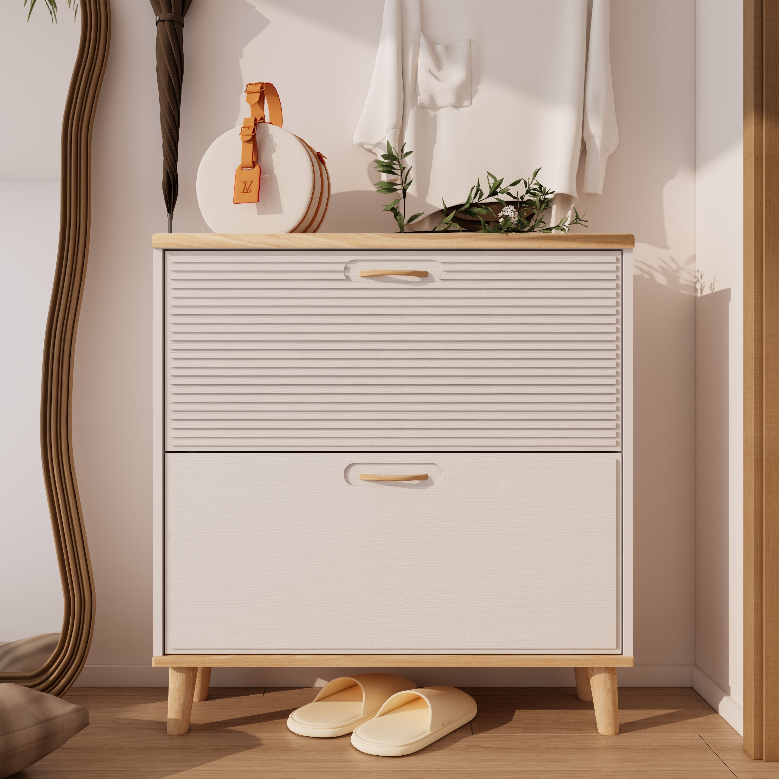 Shoes Storage Cabinet For Entryway Narrow Shoe Rack Cabinet Shoe Cabinet With 2 Flip Drawers Freestanding Shoe Organizer With Natural Wood Legs Slim Entryway Storage Organizer For 8- 16 Pairs