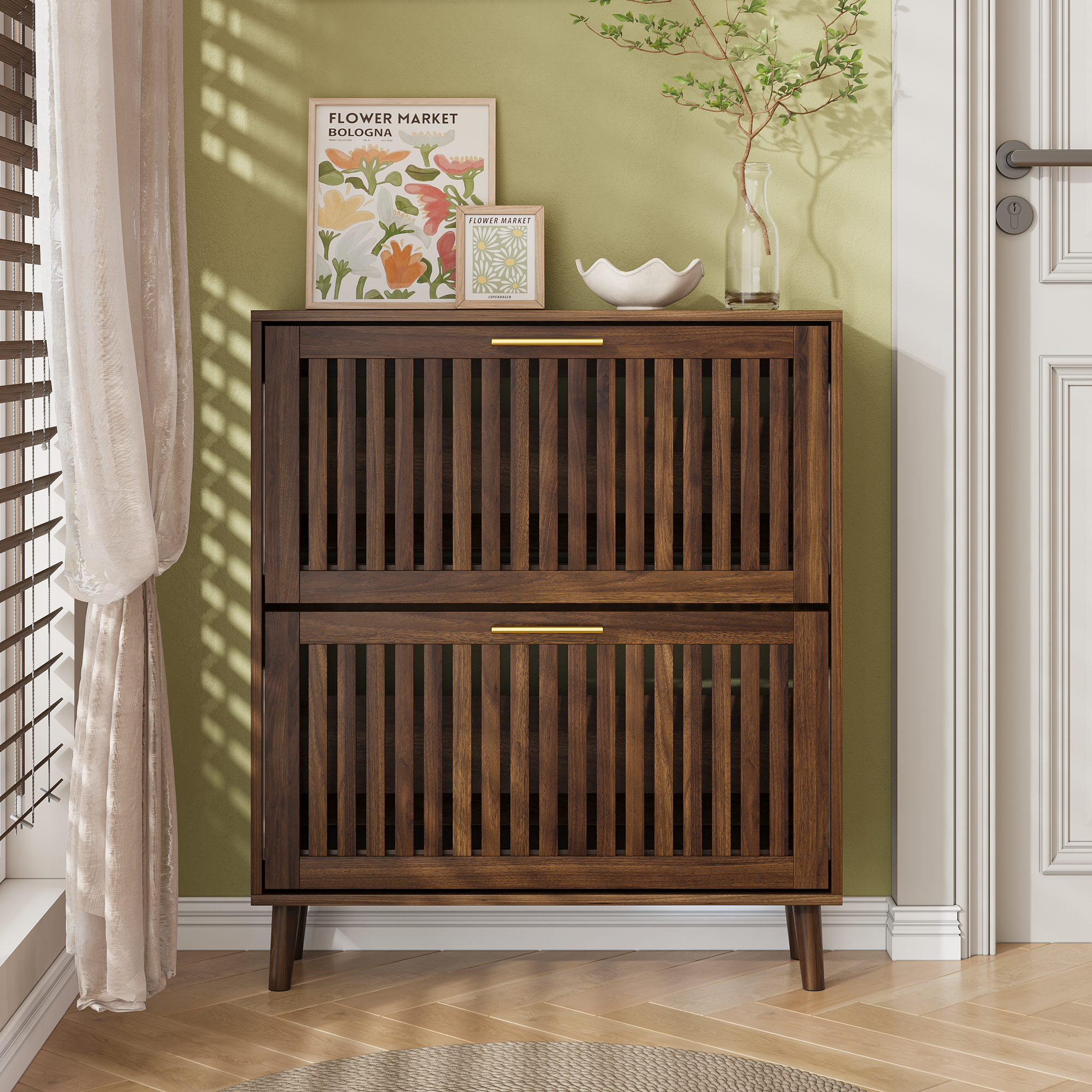 31.5-inch Walnut Shoe Storage Cabinet, Medieval Modern Independent Shoe Cabinet, Fence Shoe Cabinet With 2 Flip Drawers, Suitable For Corridors And Entrances