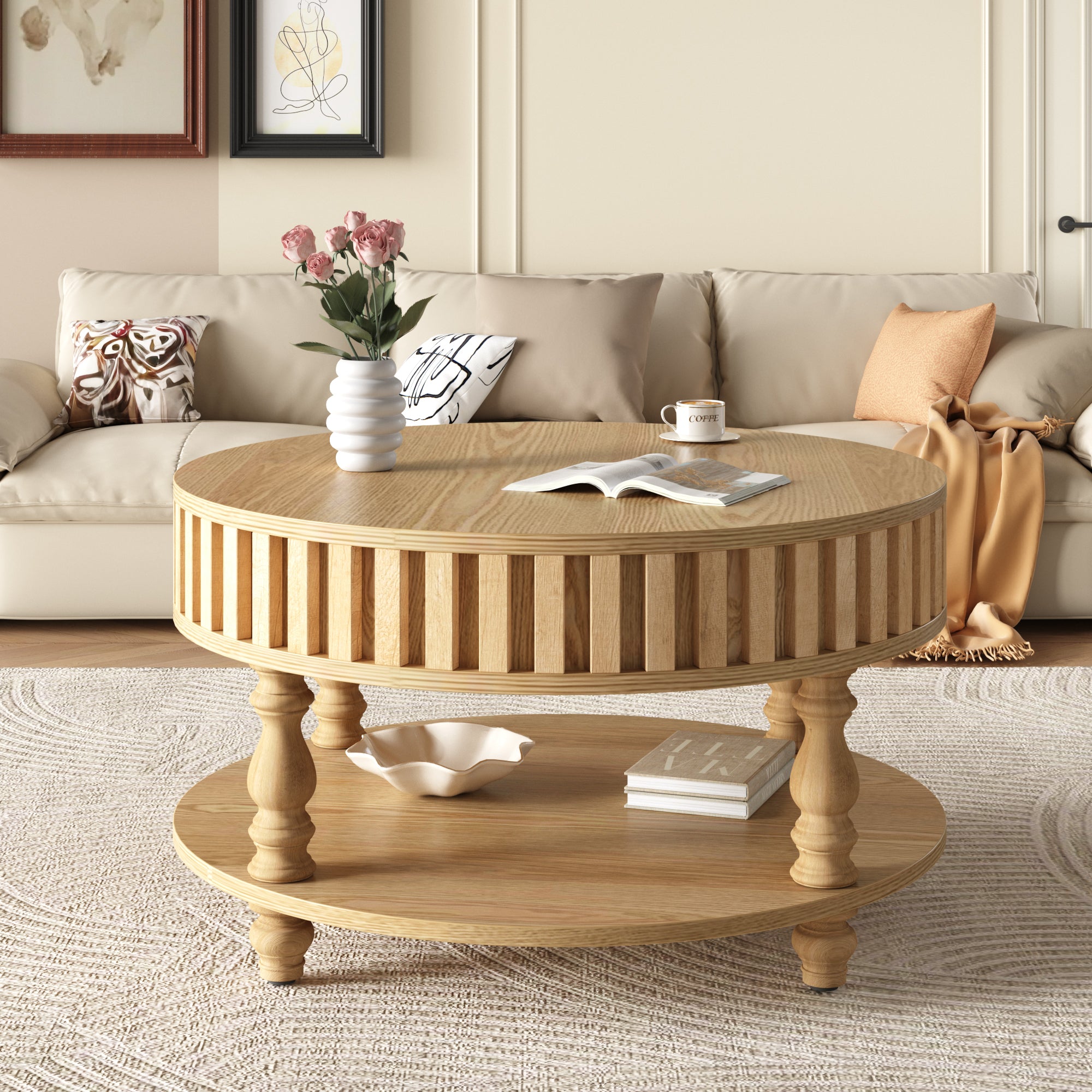 Mid Century Modern Fluted Coffee Table With Storage, Natural Wood Finish Center Table With Flip-Top Lid And Solid Wood Legs For Living Room