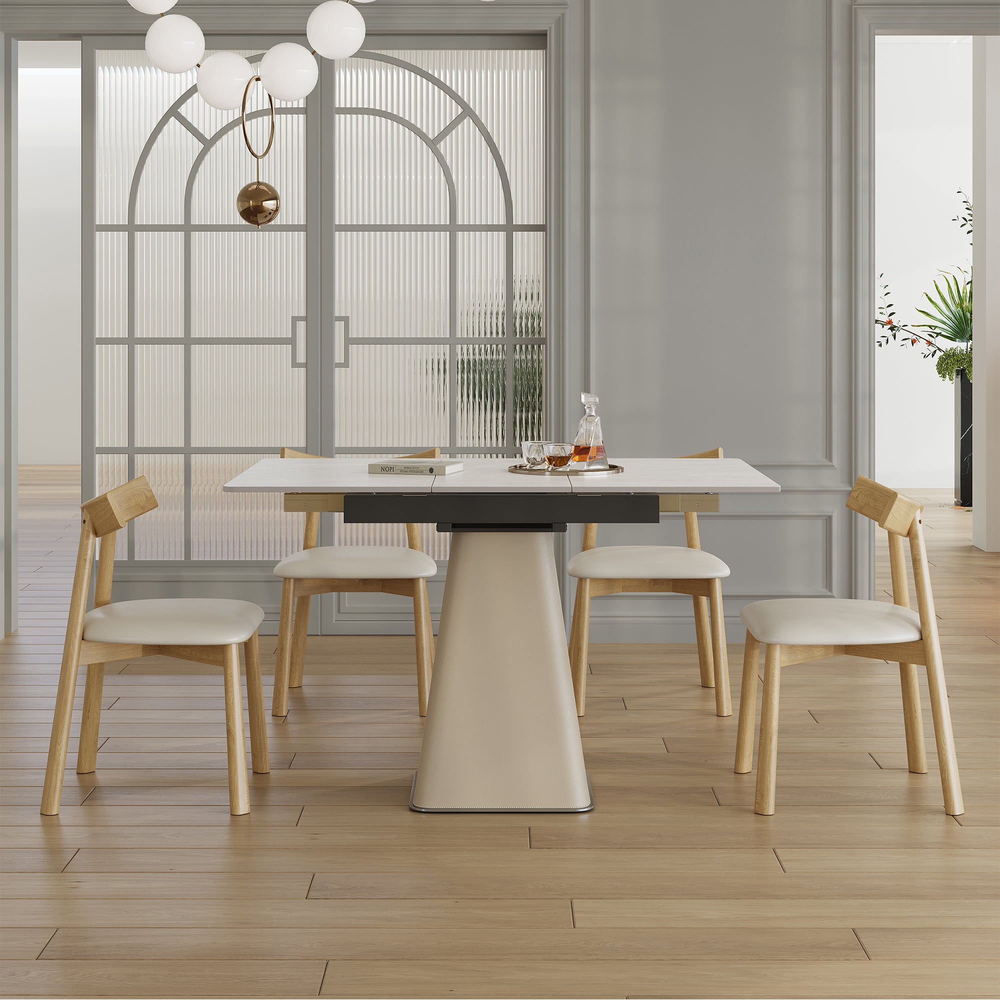 Retractable Rock Slab Dining Table Set  Modern 5-Piece Expandable Table With 4 Wooden Leg Chairs & Leather-Wrapped Base  Space Saving Kitchen Set For Small Apartments