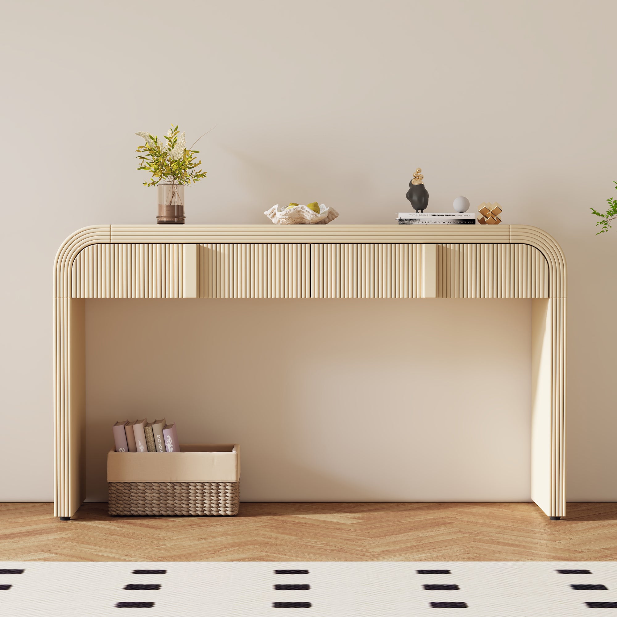 TREXM Modern Console Table With 2 Storage Drawers  Fluted Entryway Table With Rounded Silhouette For Hallway Living Room And Entryway  Apricot Cream
