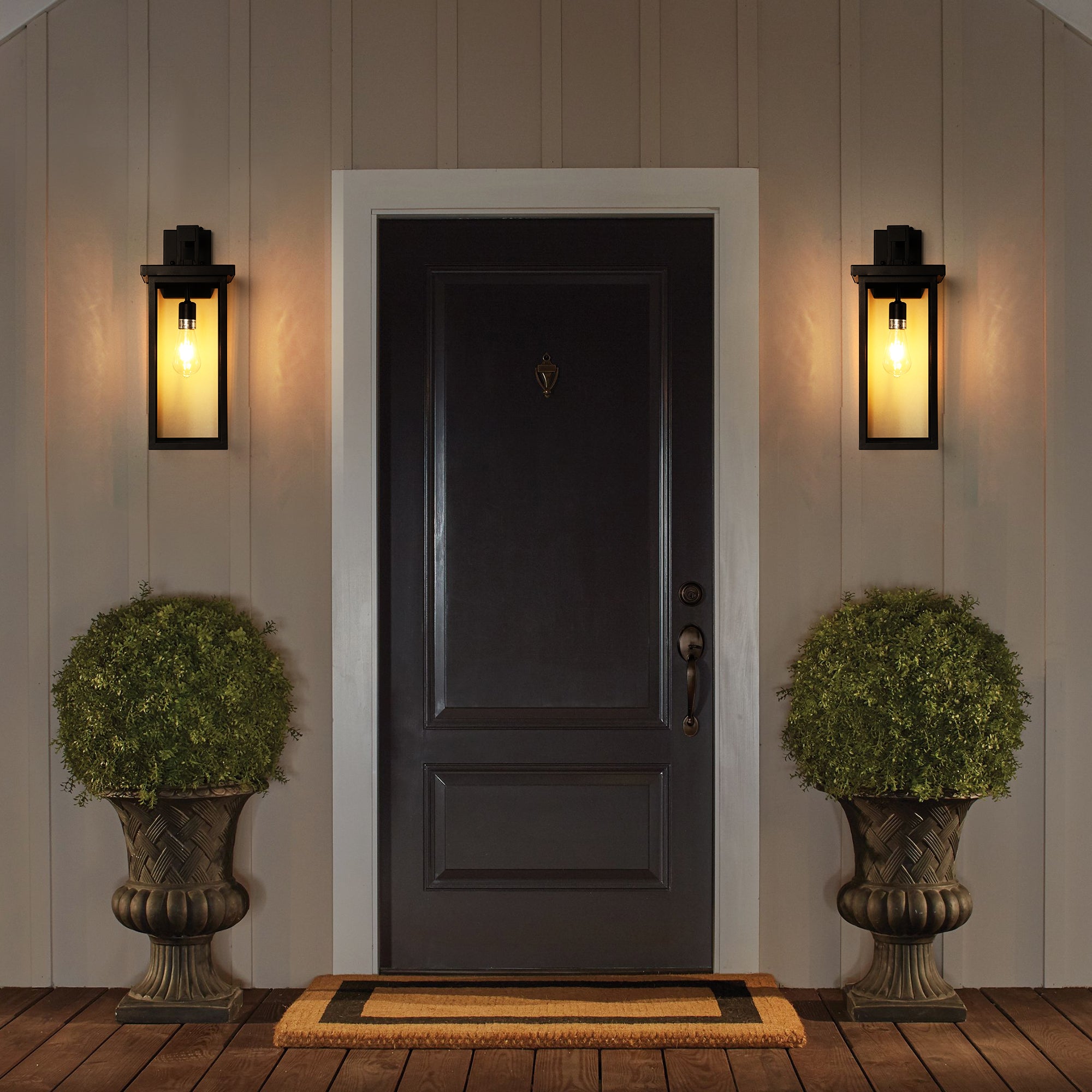 20  H  Set Of 2 Modern Outdoor Wall Lanterns With Black Metal Frame And Clear Glass, Ambient Light Sensors,Weatherproof Wall Sconces For Porch, Garage, Or Entryway Lighting, E26 Bulb Compatible