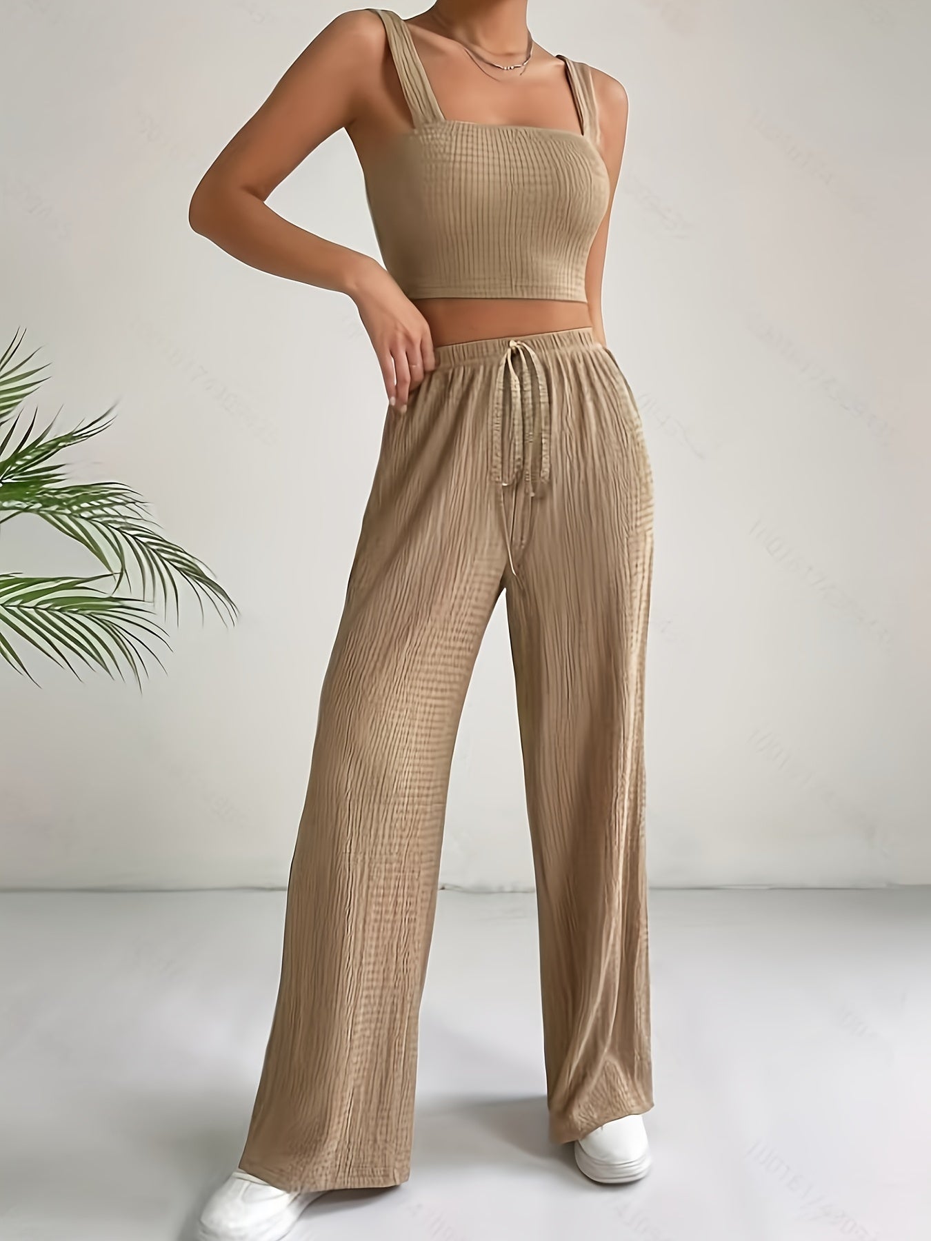 Elegant Solid Color Textured Pantsuits, Sleeveless Crop Cami Top & Drawstring High Waist Wide Leg Pants Outfits, Women's Clothing