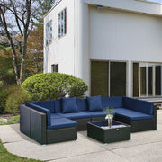 7-Piece Outdoor Wicker Patio Set, Tempered Glass Coffee Table, Cushions, for Family Backyard, Dark Blue