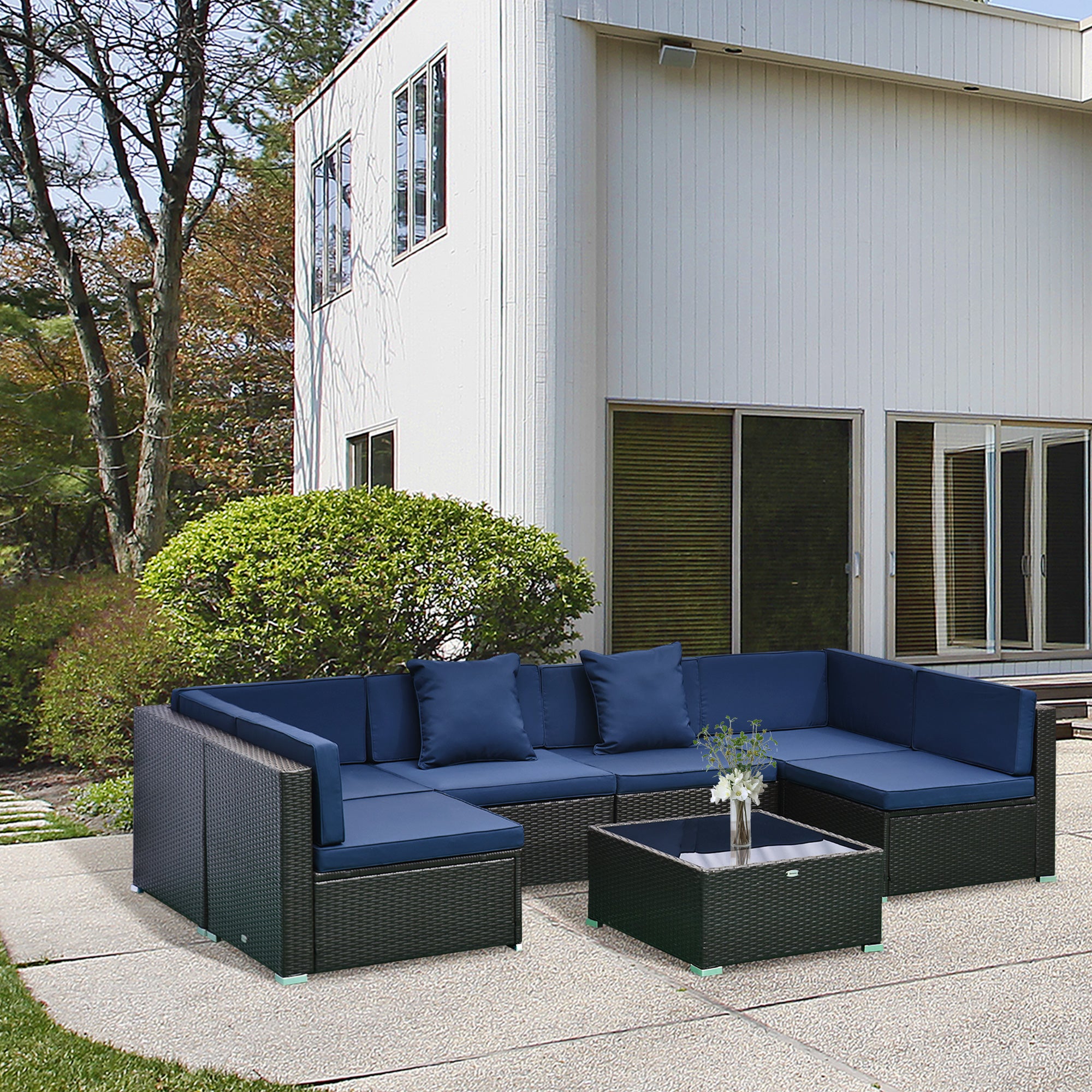 7-Piece Outdoor Wicker Patio Set, Tempered Glass Coffee Table, Cushions, for Family Backyard, Dark Blue