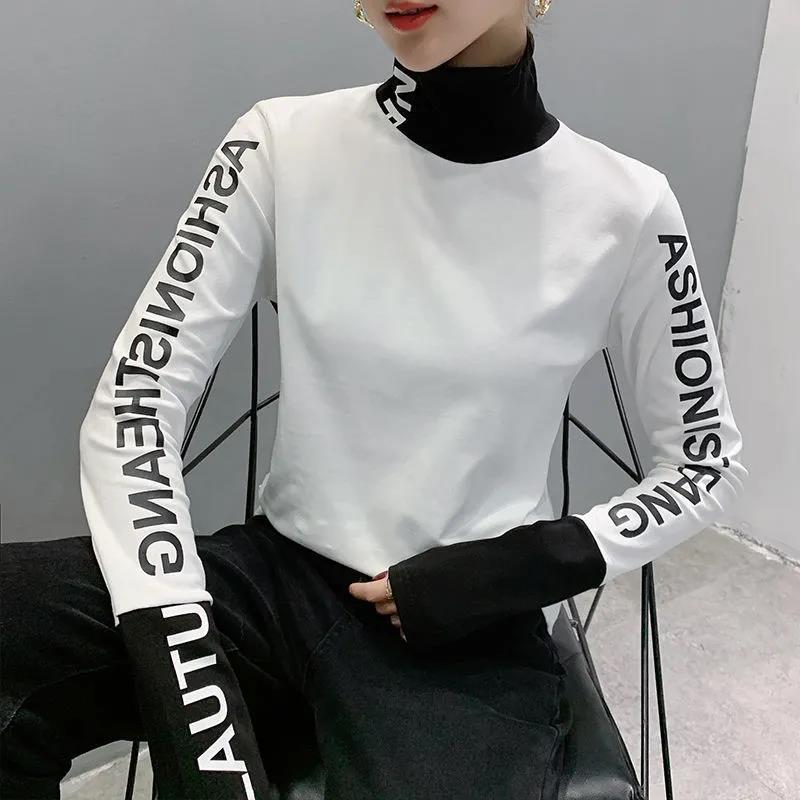 Women's Fashion Black And White Printed Long-sleeved Top Turtleneck Bottoming Shirt