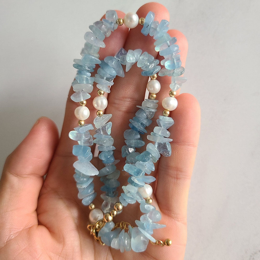 Aquamarine Freshwater Natural Stone Gravel Stitching Necklace