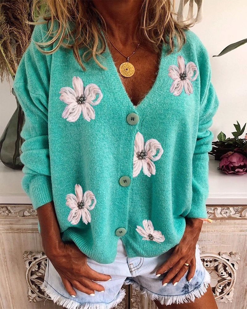 V-neck Crochet Loose Knit Cardigan Jacket Women Thickened