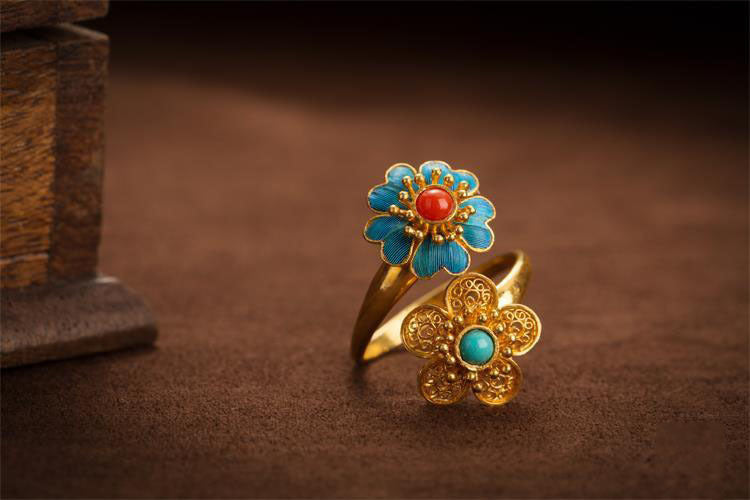 Natural Red Agate Ring Double Flower Hetian Jade Women's Ring Vintage Court Style