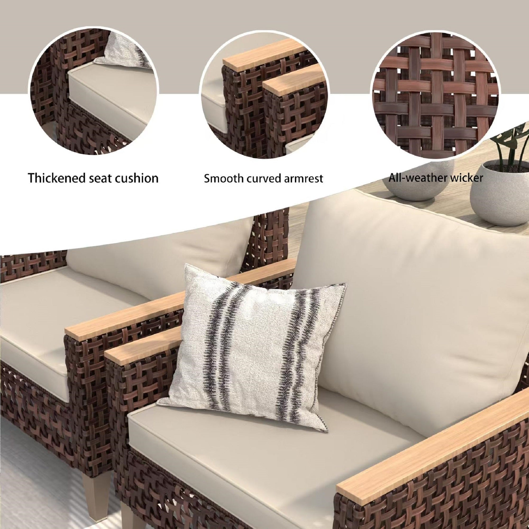 High Footed Hollowed Out Rattan Terrace Furniture Set, 5 Pieces, 7 Seats, Sofa Set With Cushion, 4-inch Thick Cushion, White