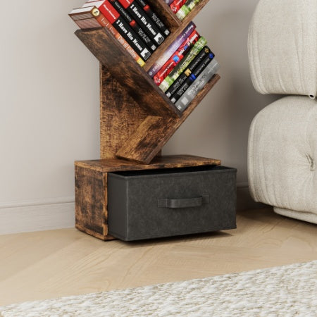 9 Tier Tree Bookshelf With Drawer Bookcase, Modern Book Storage, Free Standing Tree Bookcase, Utility Organizer Shelves For Home Office, Living Room, Bedroom, Rustic Brown