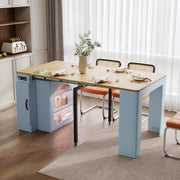 TREXM Extendable Dining Table With 3 Removable Middle Leaves  Mobile Rolling Island Table With Power Outlet  Saving-space Cabinet With Storage For Dining Room And Living Room  GREY BLUE AND NATURAL
