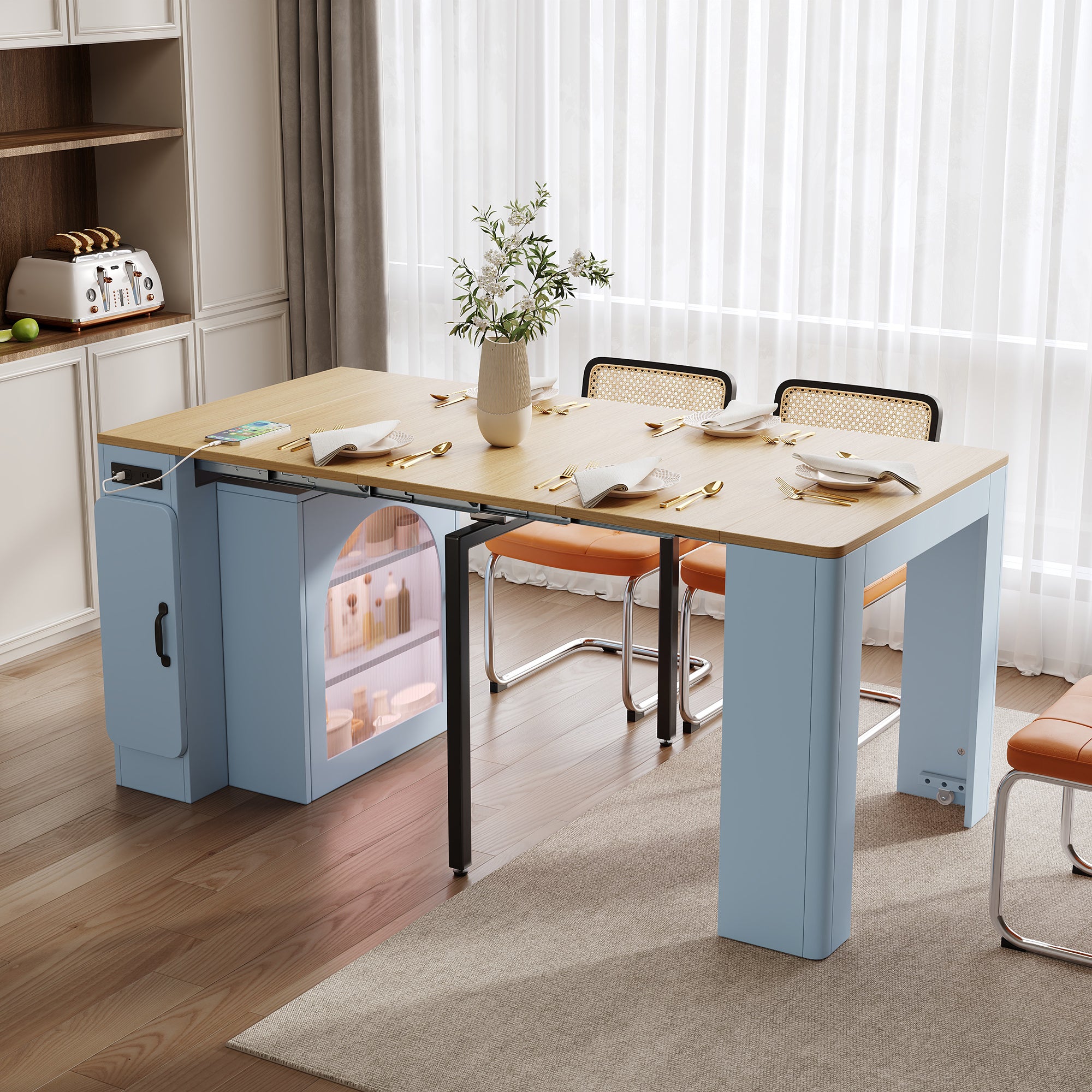 TREXM Extendable Dining Table With 3 Removable Middle Leaves  Mobile Rolling Island Table With Power Outlet  Saving-space Cabinet With Storage For Dining Room And Living Room  GREY BLUE AND NATURAL