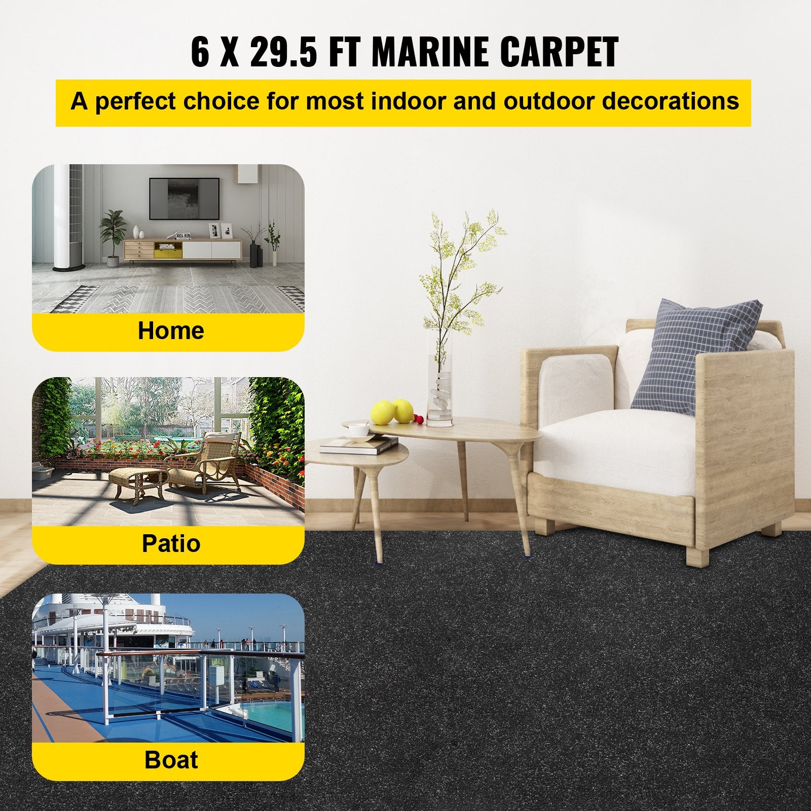 Boat Carpet, 6 Ft X 29.5 Ft Marine Carpet For Boats, Waterproof Black Indoor Outdoor Carpet With Marine Backing Anti-Slide Marine Grade Boat Carpet Cuttable Easy To Clean Patio Rugs Deck Rug