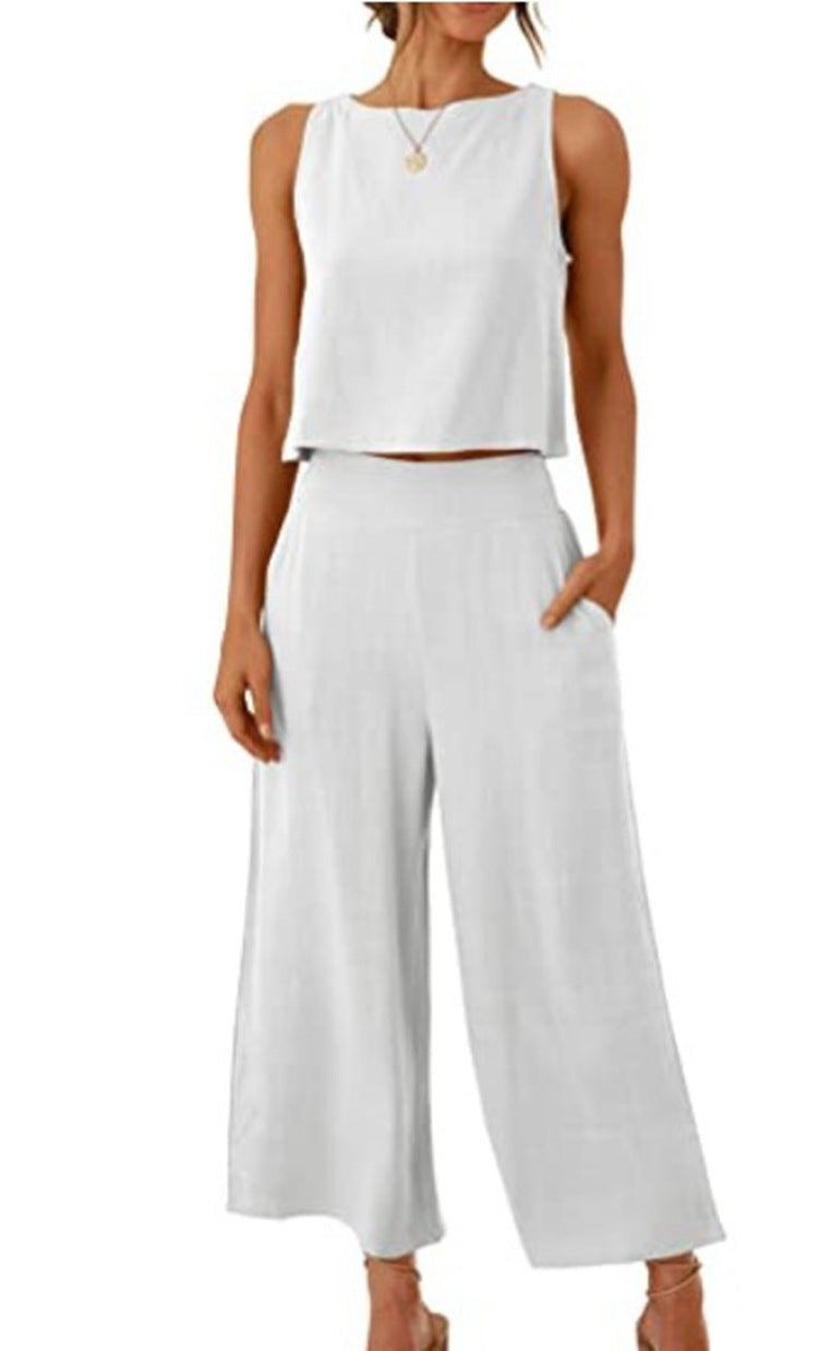 Sleeveless Vest Cropped Wide-leg Pants Suit