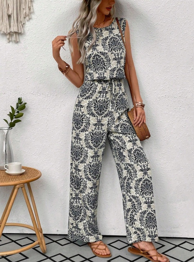 Printed Waist Cinching Casual Straight Leg Pants Set