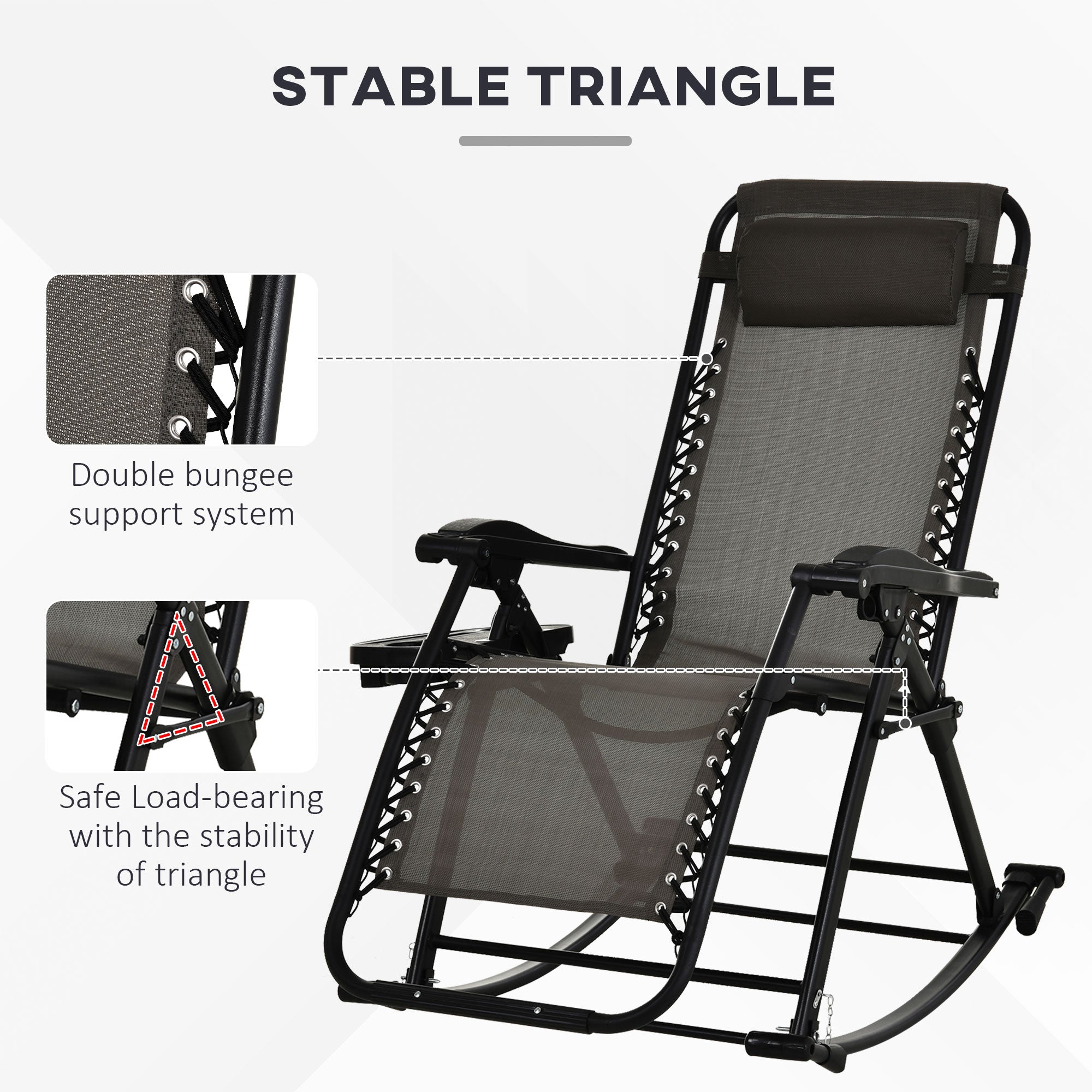 Outdoor Rocking Chairs, Foldable Reclining Zero Gravity Lounge Rocker with Pillow, Cup & Phone Holder, Combo Design with Folding Legs, Gray