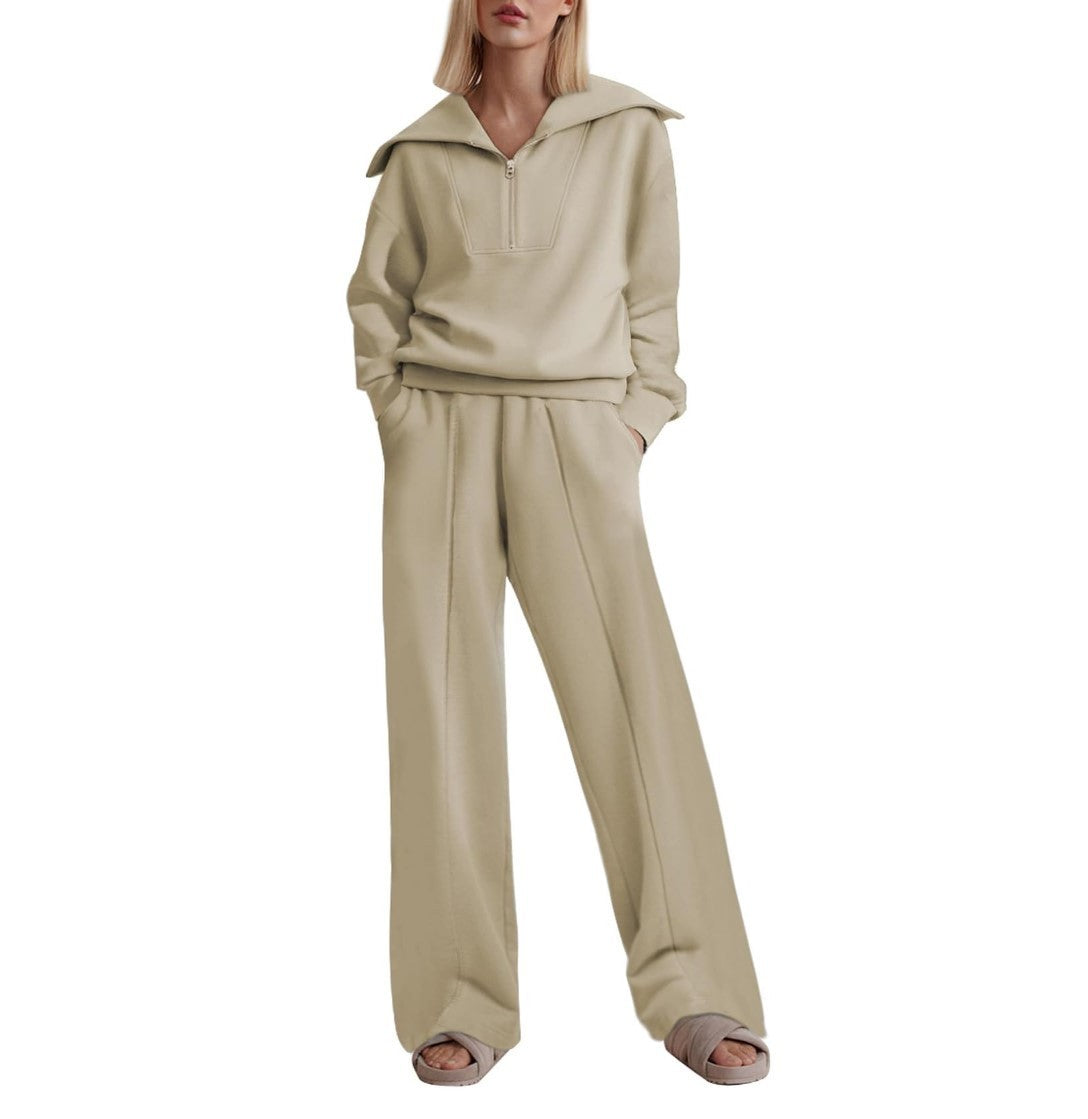 Women's Half Long-sleeve Zipper Top Elastic Waist Wide Leg Trousers Two-piece Set