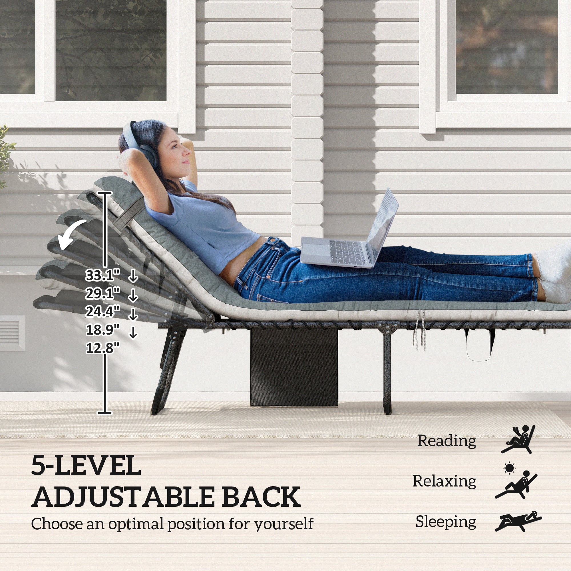 Outdoor Chaise Lounge Chair Set of 2, 5-Level Adjustable Folding Pool Lounge Chairs with Cushions, Gray