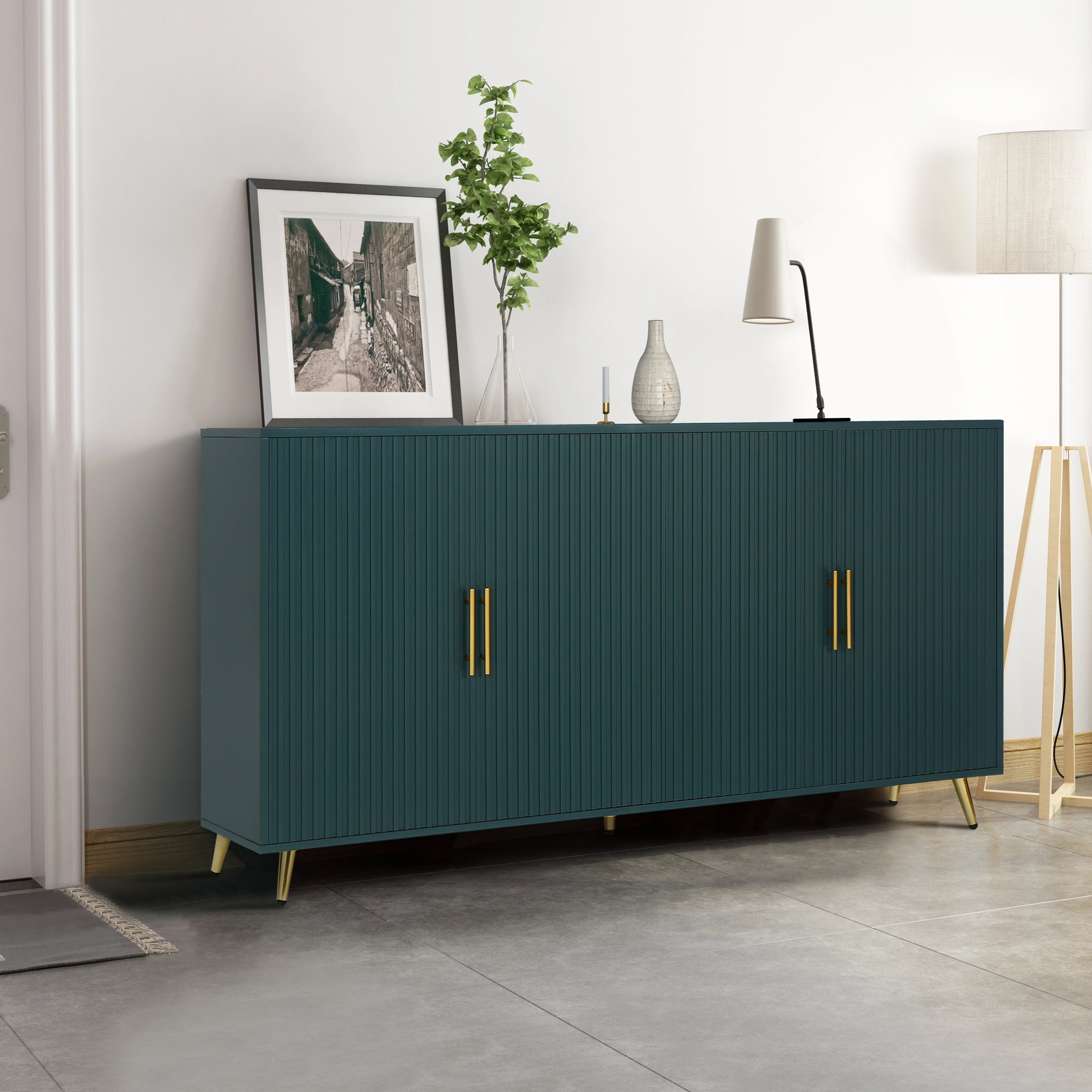 Wood TV Stand With Storage Cabinet & Adjustable Shelves, Media TV Console For Living Room Bedroom Navy Blue